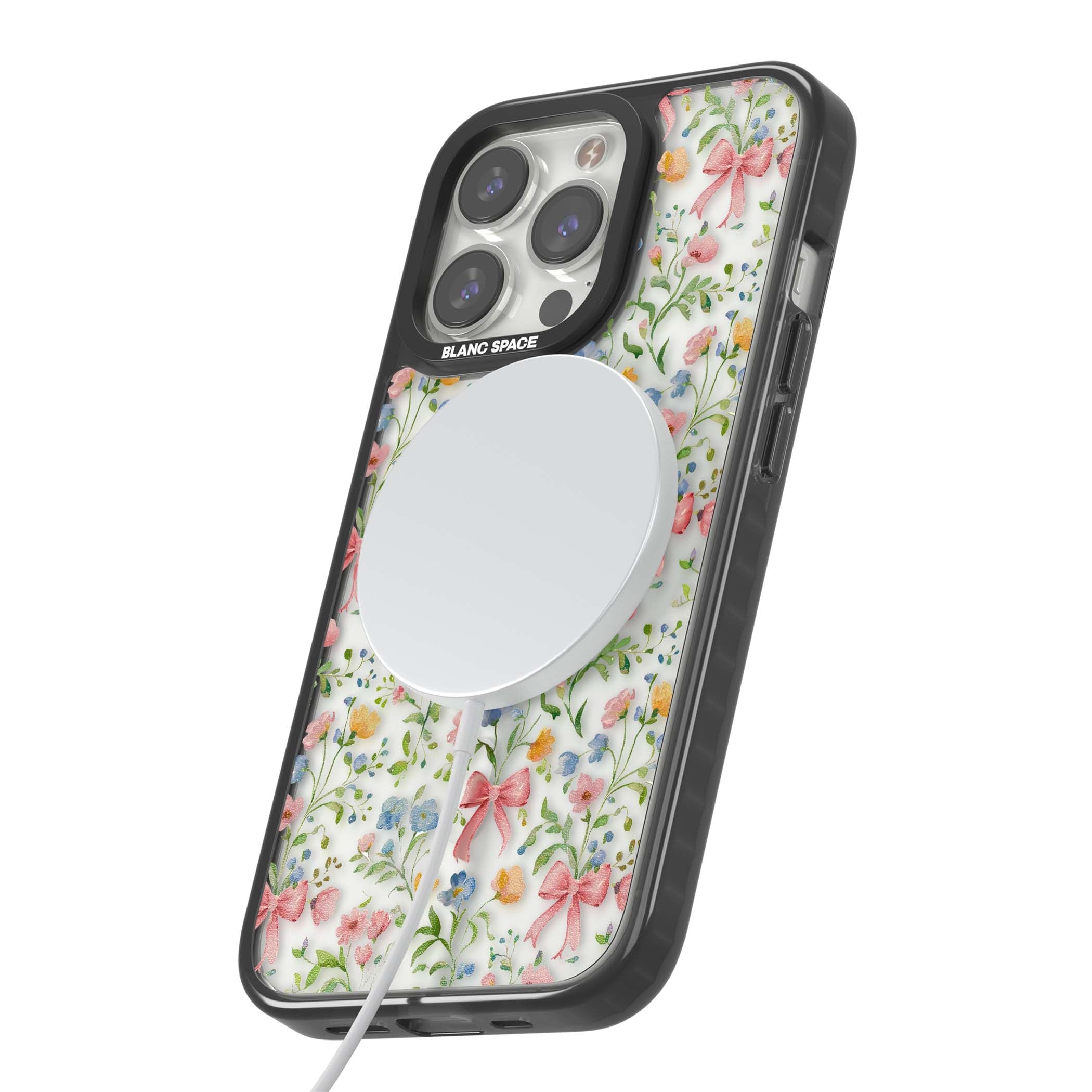 Ribbons & Wildflowers cottagecore iPhone case featuring watercolor wildflowers, pink satin bows, and delicate spring blooms o | Black Impact Magsafe case for iPhone 13 Pro, iPhone 14 Pro, iPhone 15 Pro