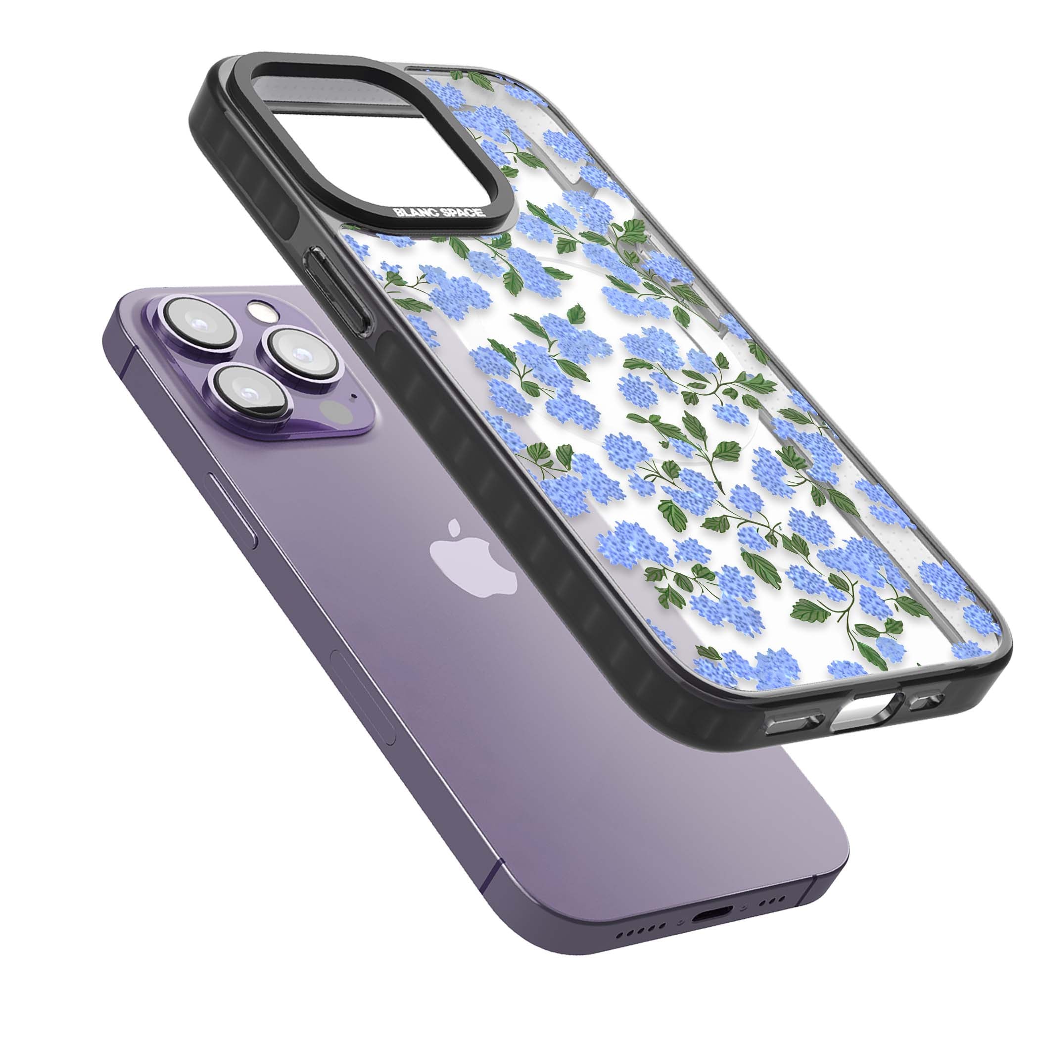 Hydrangea Dreams cottagecore iPhone case featuring soft blue hydrangea flower clusters and green leaves | Black Impact Magsafe case for iPhone 13 Pro, iPhone 14 Pro, iPhone 15 Pro