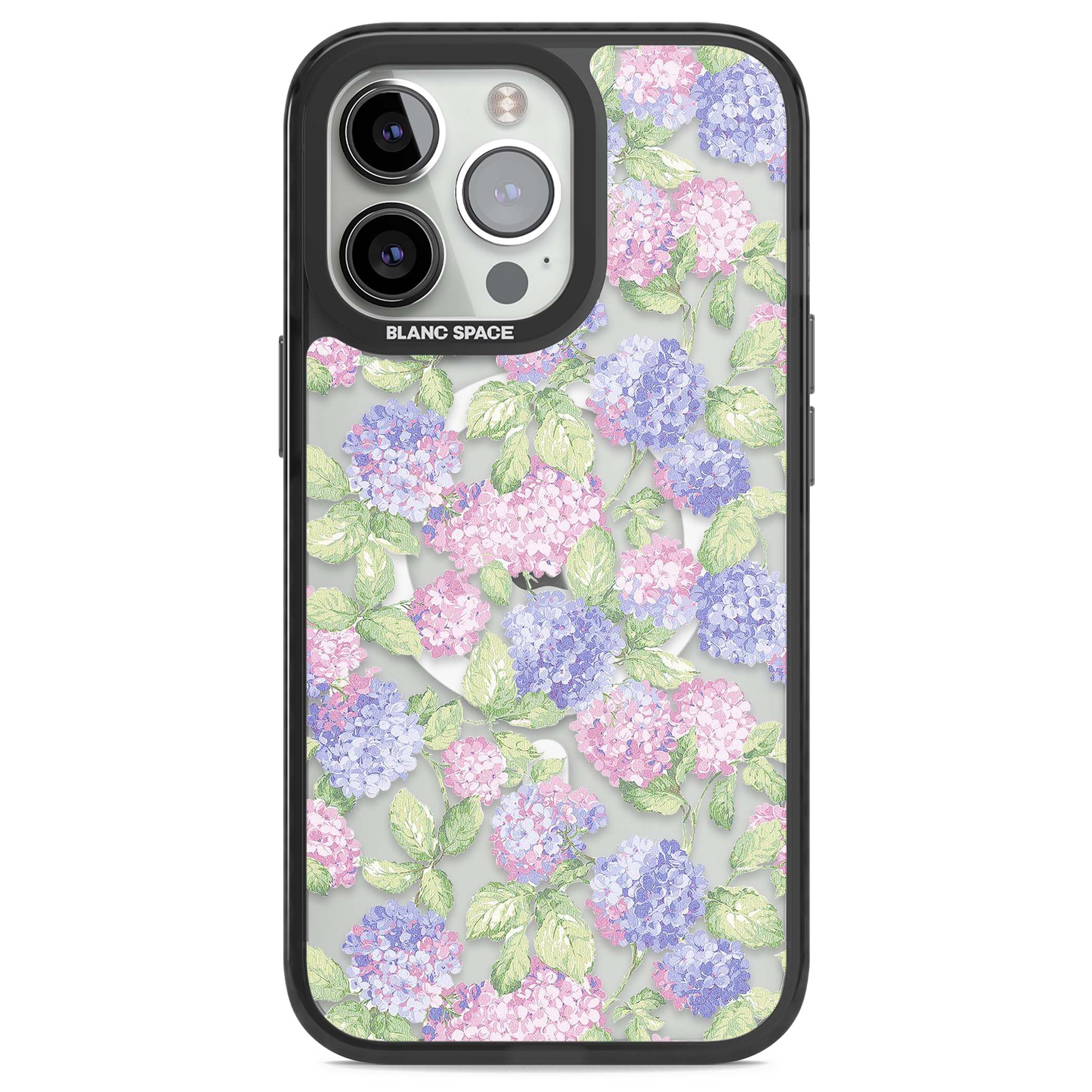 Cottage Hydrangea cottagecore iPhone case featuring pink and purple hydrangea blooms with green leaves on a clear background | Black Impact Magsafe case for iPhone 13 Pro, iPhone 14 Pro, iPhone 15 Pro