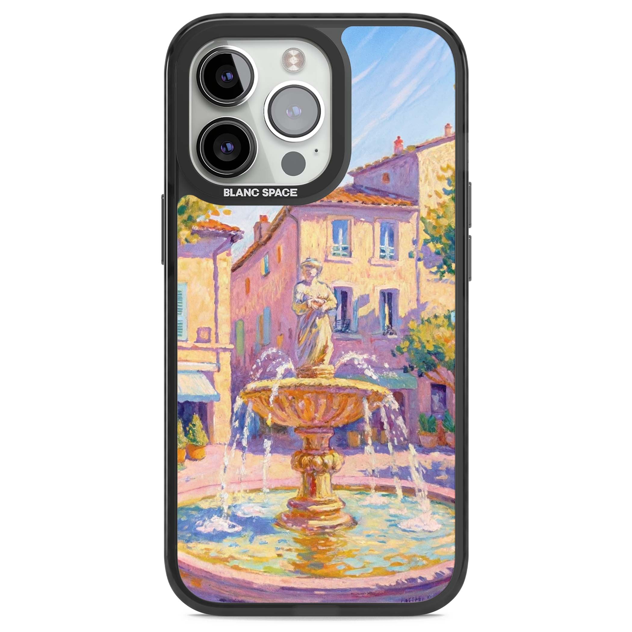 Fountain Square fine art iPhone case featuring an impressionist Provençal fountain, pastel village buildings and summe | Black Impact Magsafe case for iPhone 13 Pro, iPhone 14 Pro, iPhone 15 Pro