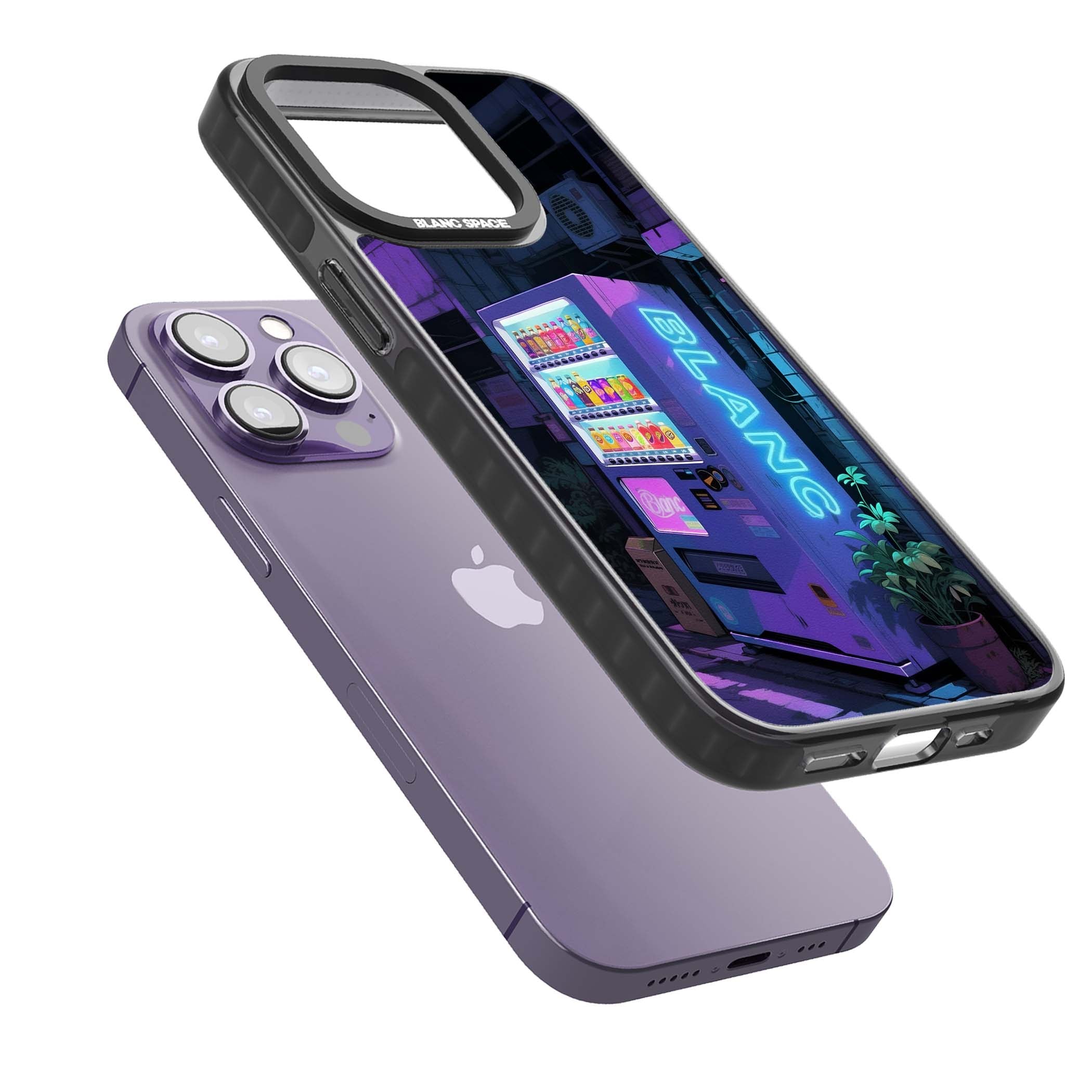 Shibuya Glow Japanese iPhone case featuring a glowing Tokyo vending machine, neon signage, and moody purple alleyway | Black Impact Magsafe case for iPhone 13 Pro, iPhone 14 Pro, iPhone 15 Pro