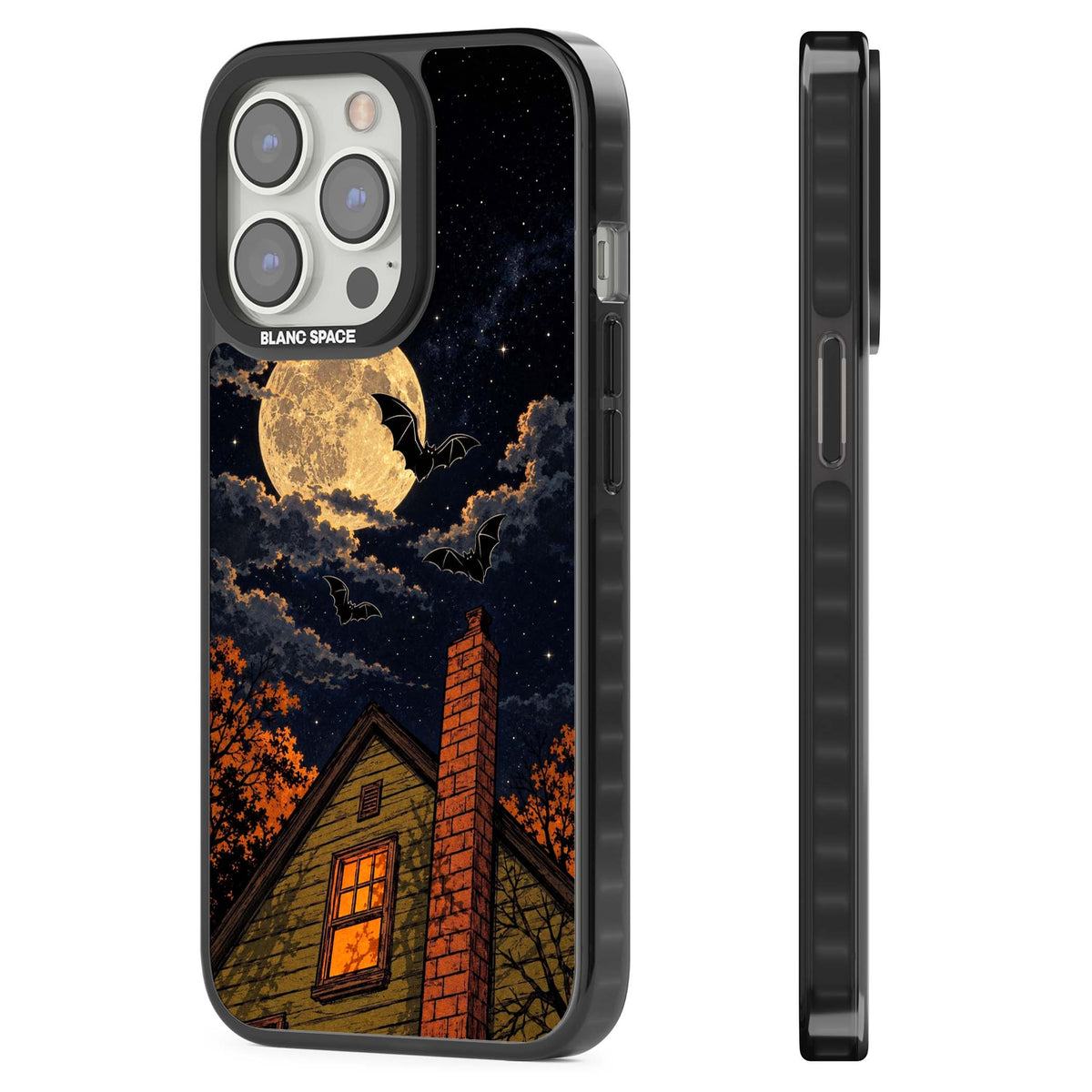 Hollows Eve Halloween iPhone case featuring a haunted house, full moon and flying bats against a starry autumn sky | Black Impact Magsafe case for iPhone 13 Pro, iPhone 14 Pro, iPhone 15 Pro
