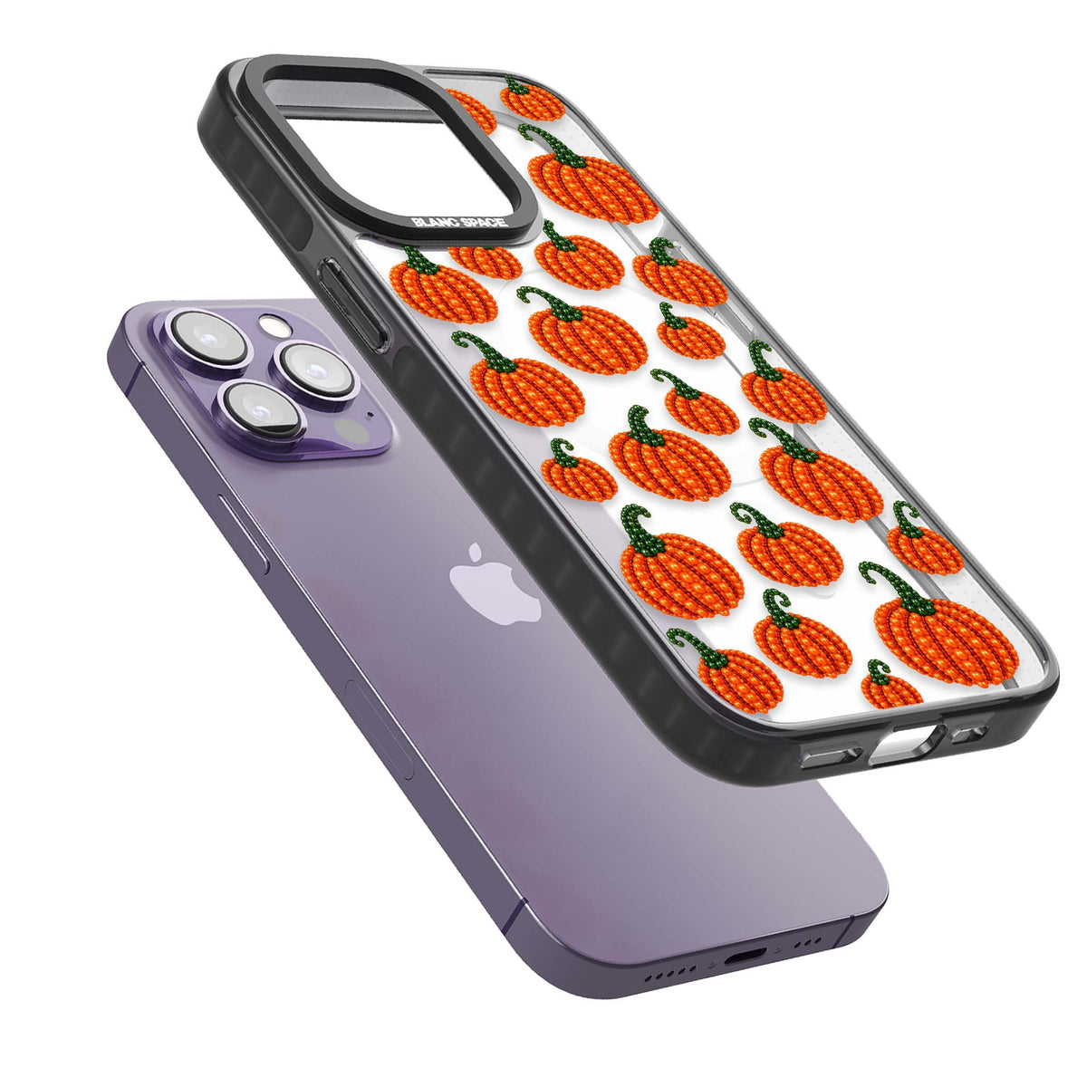 Beaded Pumpkins halloween iPhone case featuring beaded orange pumpkins with green stems on a clear background | Black Impact Magsafe case for iPhone 13 Pro, iPhone 14 Pro, iPhone 15 Pro