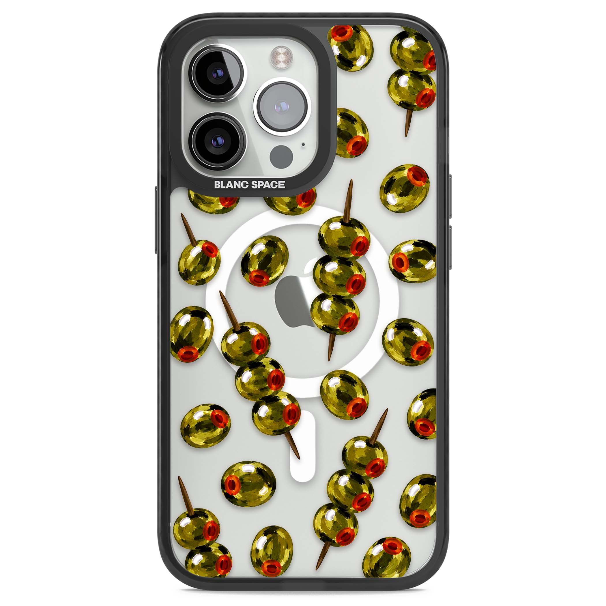 Painted Olives cocktail iPhone case featuring green olives, pimento centres and toothpick skewers on a clear background | Black Impact Magsafe case for iPhone 13 Pro, iPhone 14 Pro, iPhone 15 Pro