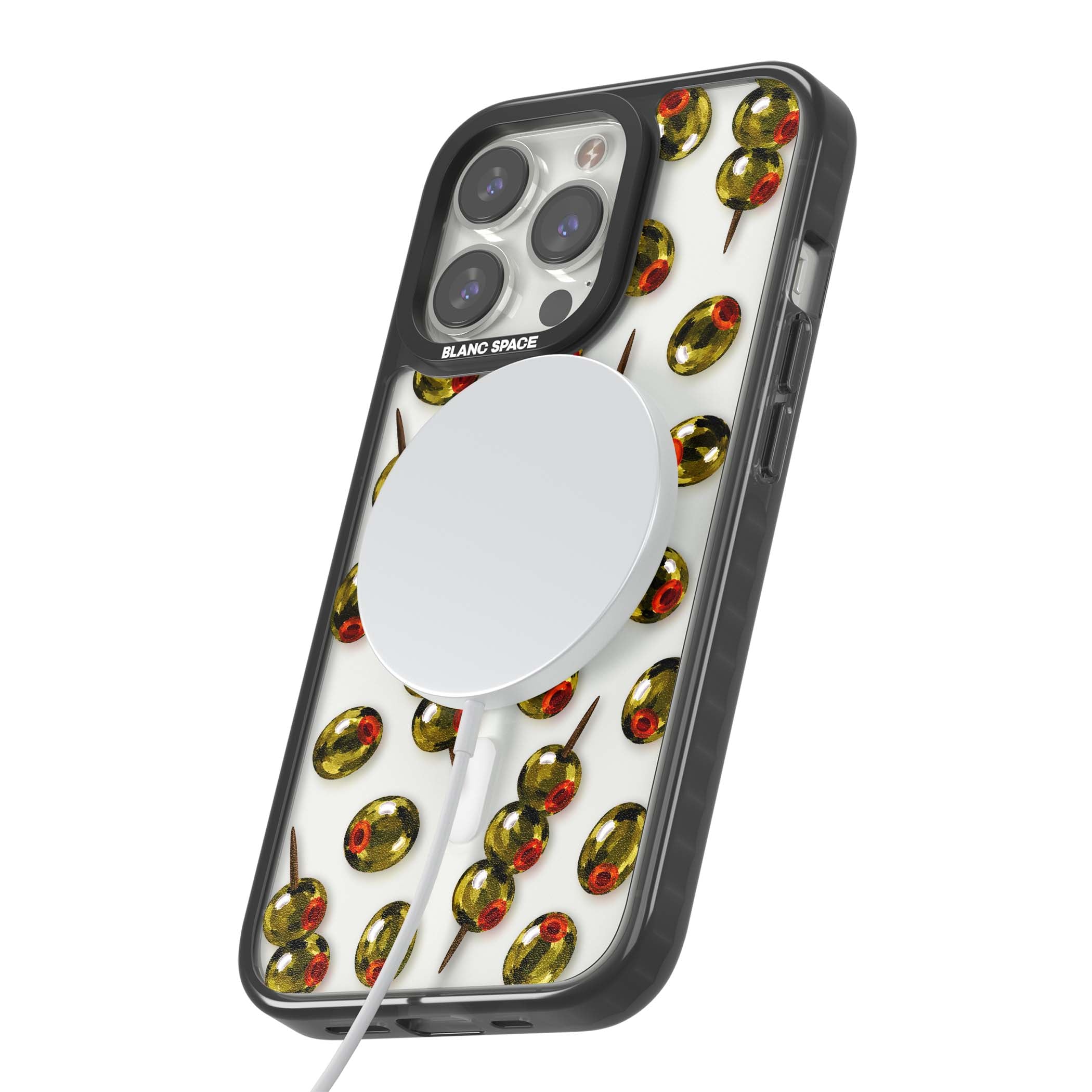 Painted Olives cocktail iPhone case featuring green olives, pimento centres and toothpick skewers on a clear background | Black Impact Magsafe case for iPhone 13 Pro, iPhone 14 Pro, iPhone 15 Pro