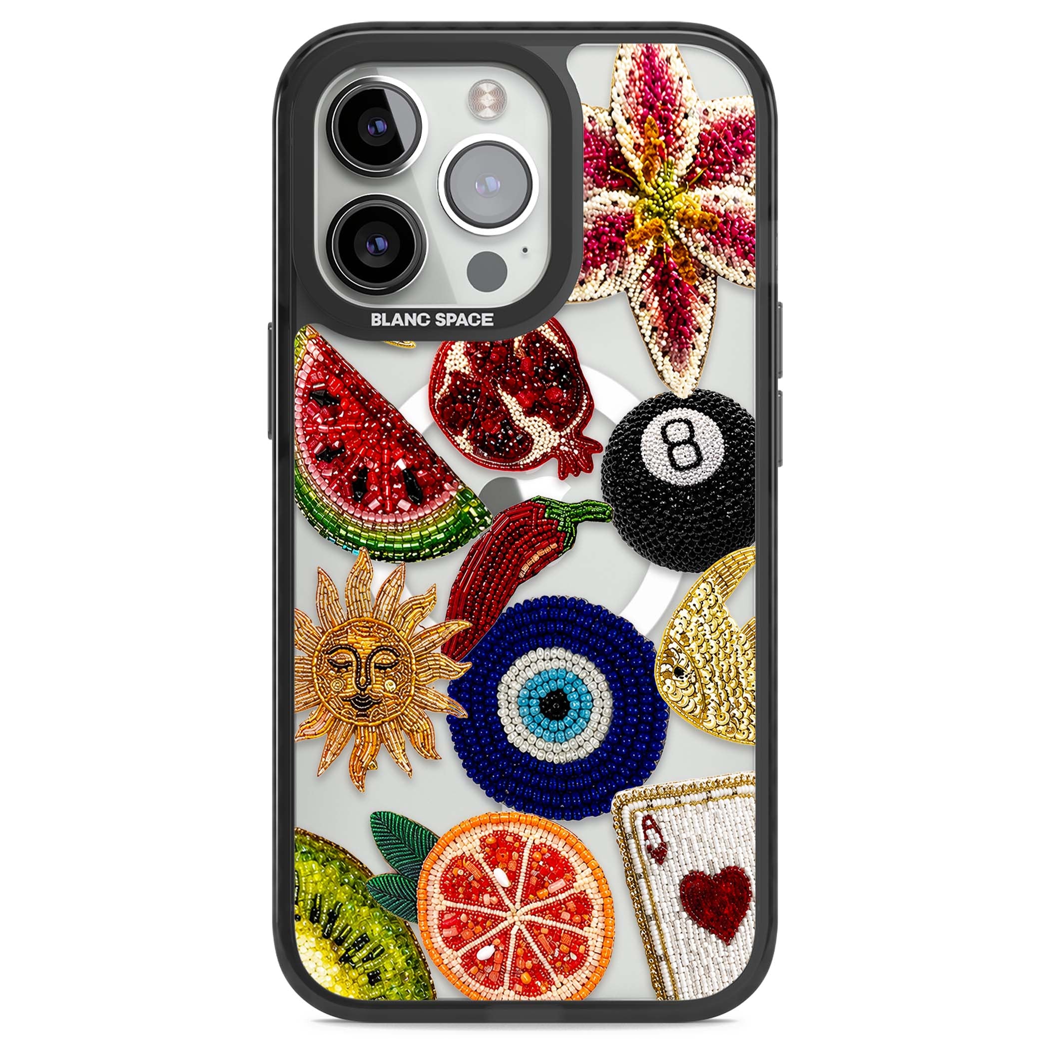 Beaded Charms embroidery iPhone case featuring beaded evil eye, fruit patches and a golden sun motif | Black Impact Magsafe case for iPhone 13 Pro, iPhone 14 Pro, iPhone 15 Pro