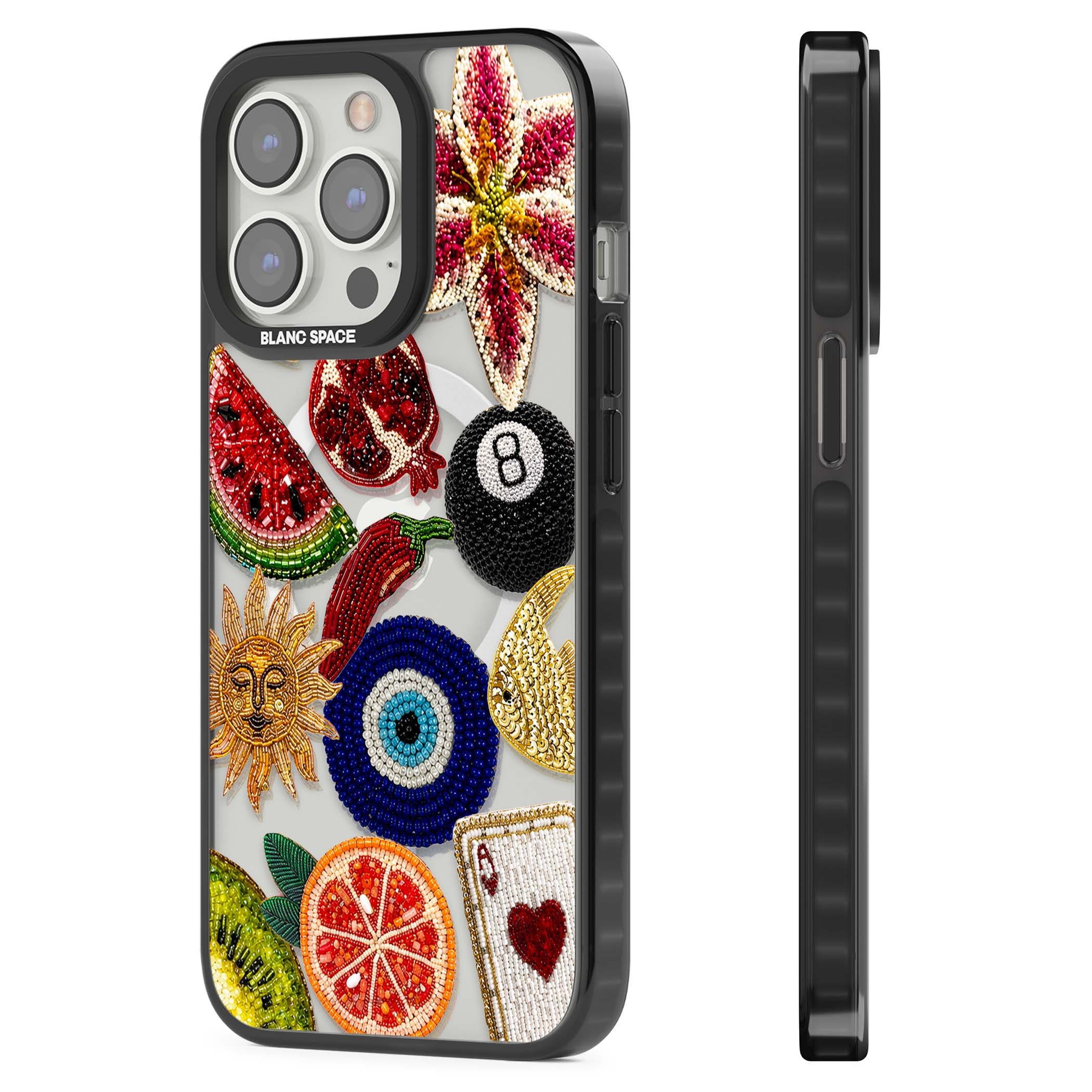 Beaded Charms embroidery iPhone case featuring beaded evil eye, fruit patches and a golden sun motif | Black Impact Magsafe case for iPhone 13 Pro, iPhone 14 Pro, iPhone 15 Pro