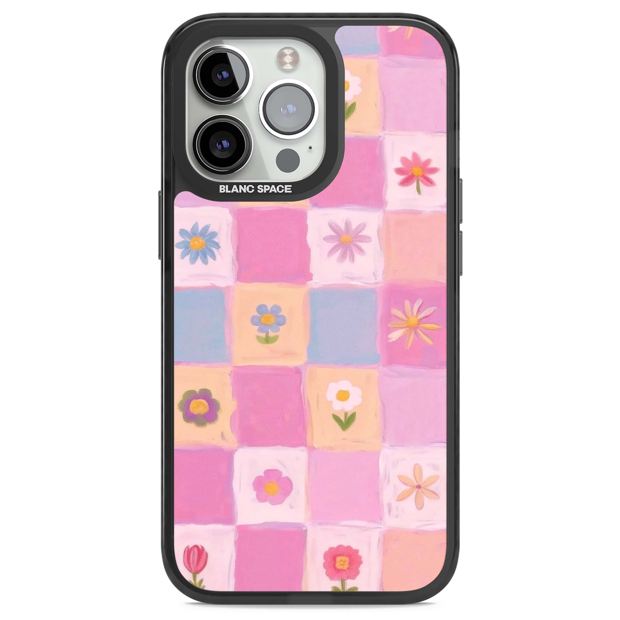Pastel Flower Patchwork cottagecore iPhone case featuring painted pink and lilac squares with daisies and wildflowers | Black Impact Magsafe case for iPhone 13 Pro, iPhone 14 Pro, iPhone 15 Pro
