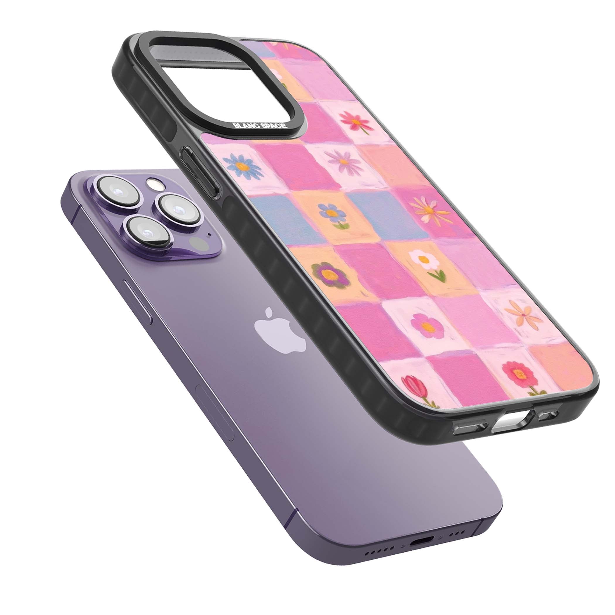 Pastel Flower Patchwork cottagecore iPhone case featuring painted pink and lilac squares with daisies and wildflowers | Black Impact Magsafe case for iPhone 13 Pro, iPhone 14 Pro, iPhone 15 Pro