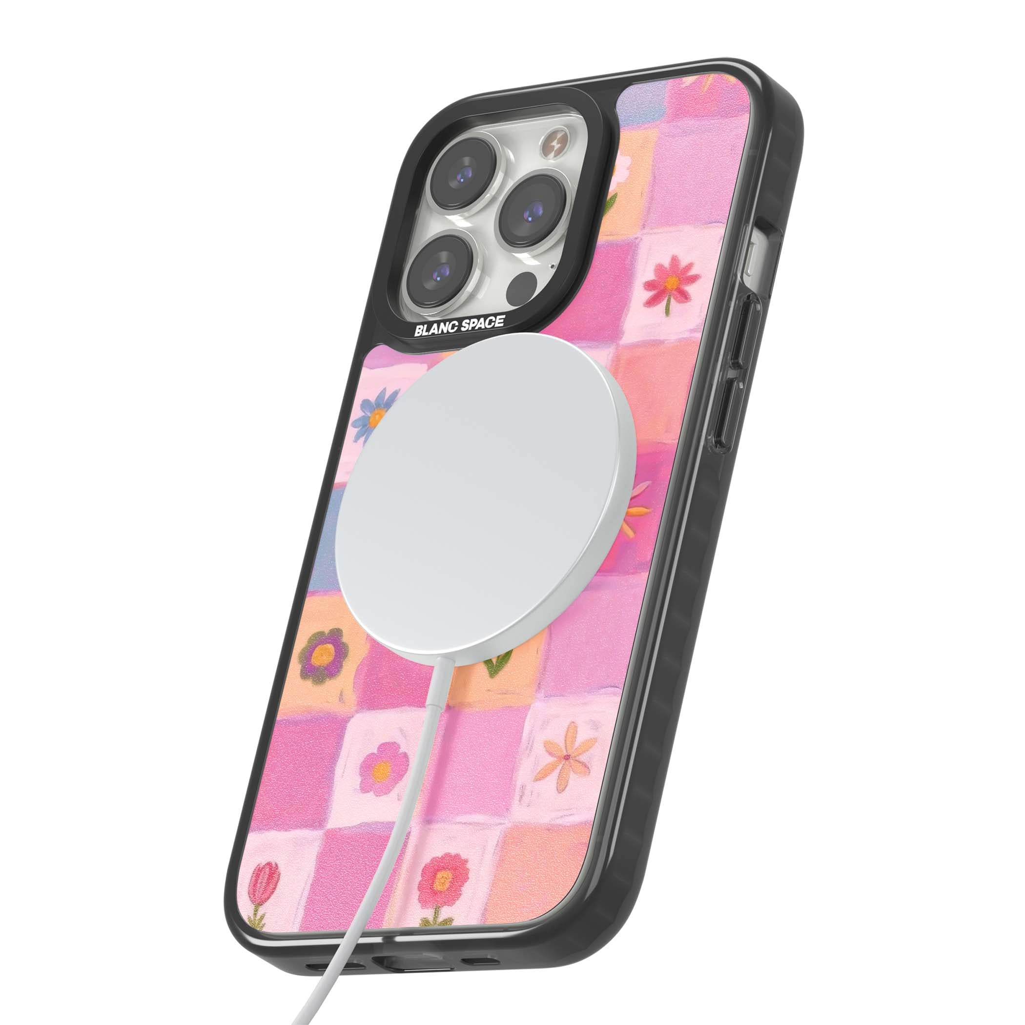 Pastel Flower Patchwork cottagecore iPhone case featuring painted pink and lilac squares with daisies and wildflowers | Black Impact Magsafe case for iPhone 13 Pro, iPhone 14 Pro, iPhone 15 Pro