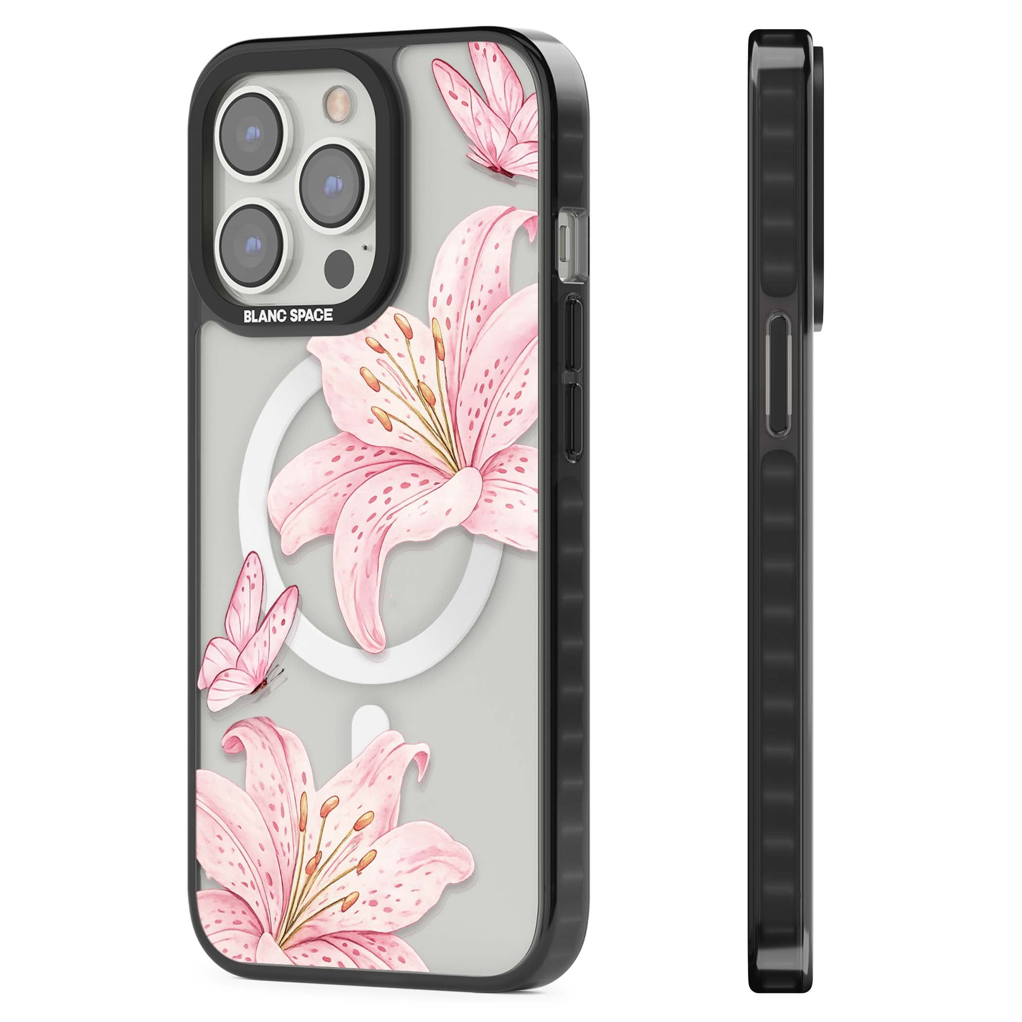 Lily Whisper floral iPhone case featuring pink watercolour lilies and delicate butterflies on a clear background | Black Impact Magsafe case for iPhone 13 Pro, iPhone 14 Pro, iPhone 15 Pro