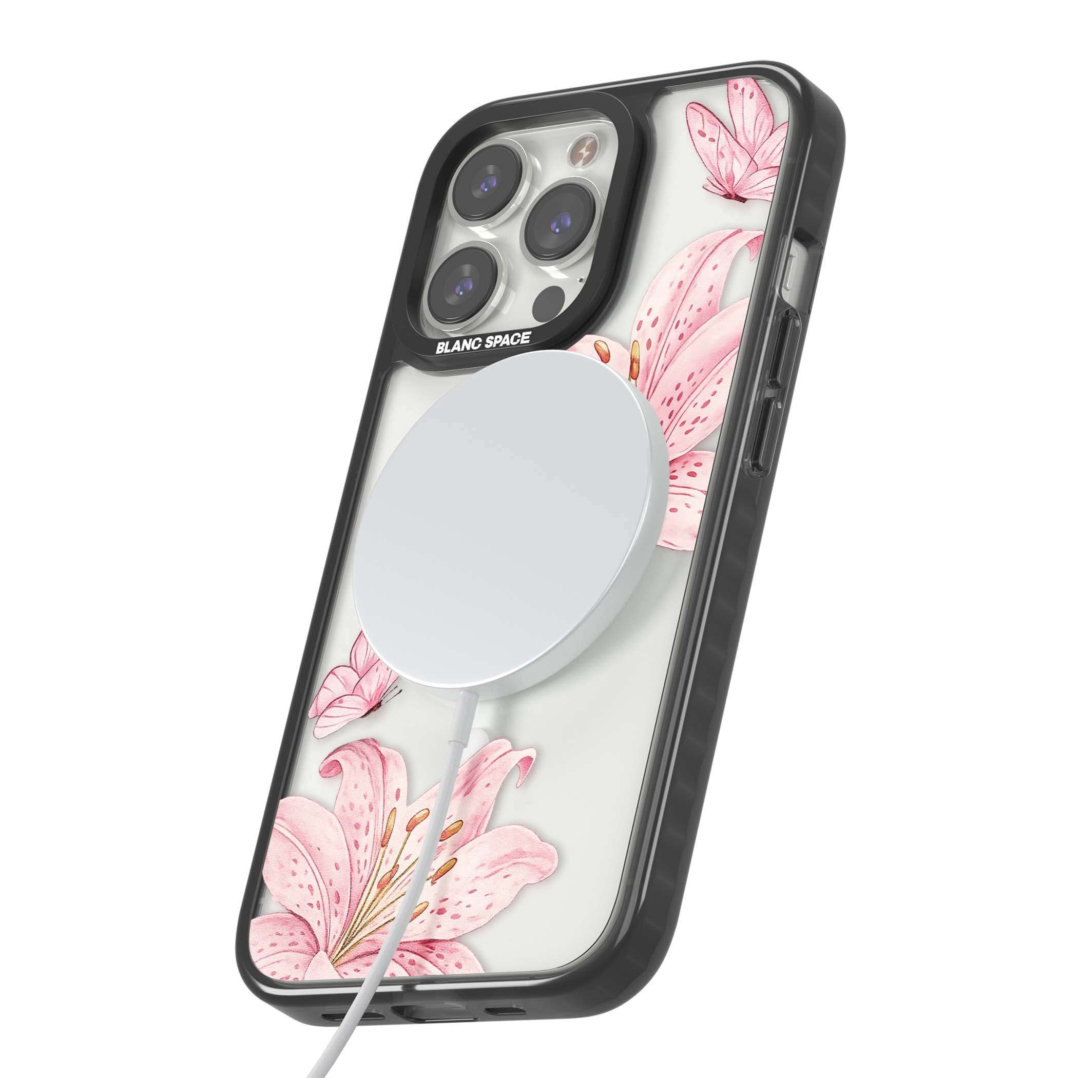 Lily Whisper floral iPhone case featuring pink watercolour lilies and delicate butterflies on a clear background | Black Impact Magsafe case for iPhone 13 Pro, iPhone 14 Pro, iPhone 15 Pro