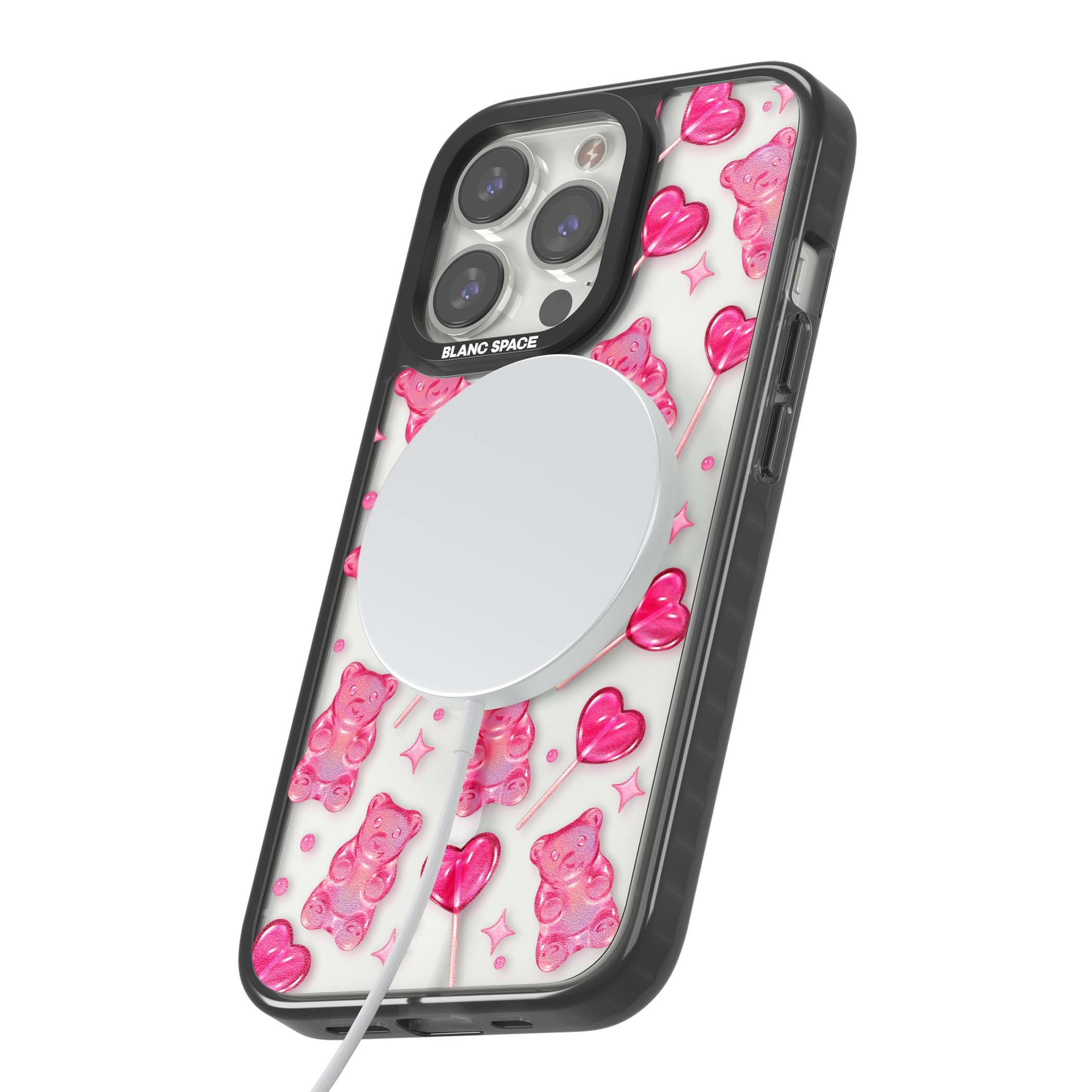 Pink Sugar pinkcore iPhone case featuring pink gummy bears, heart-shaped lollipops and sparkle stars | Black Impact Magsafe case for iPhone 13 Pro, iPhone 14 Pro, iPhone 15 Pro