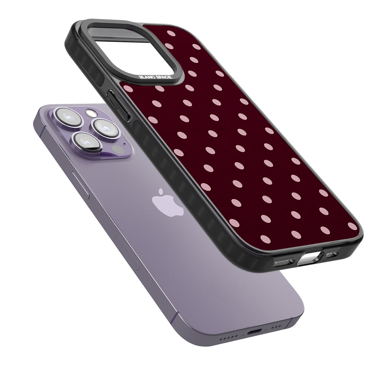 Merlot Dots polka dot iPhone case featuring dusty pink spots on a deep burgundy background in a retro grid iPhone 12 Pro Max / iPhone 13 Pro / iPhone 13 Pro Max / iPhone 14 Pro / iPhone 14 Pro Max / iPhone 15 Pro / iPhone 15 Pro Max Impact Pro Black Phone Case angled