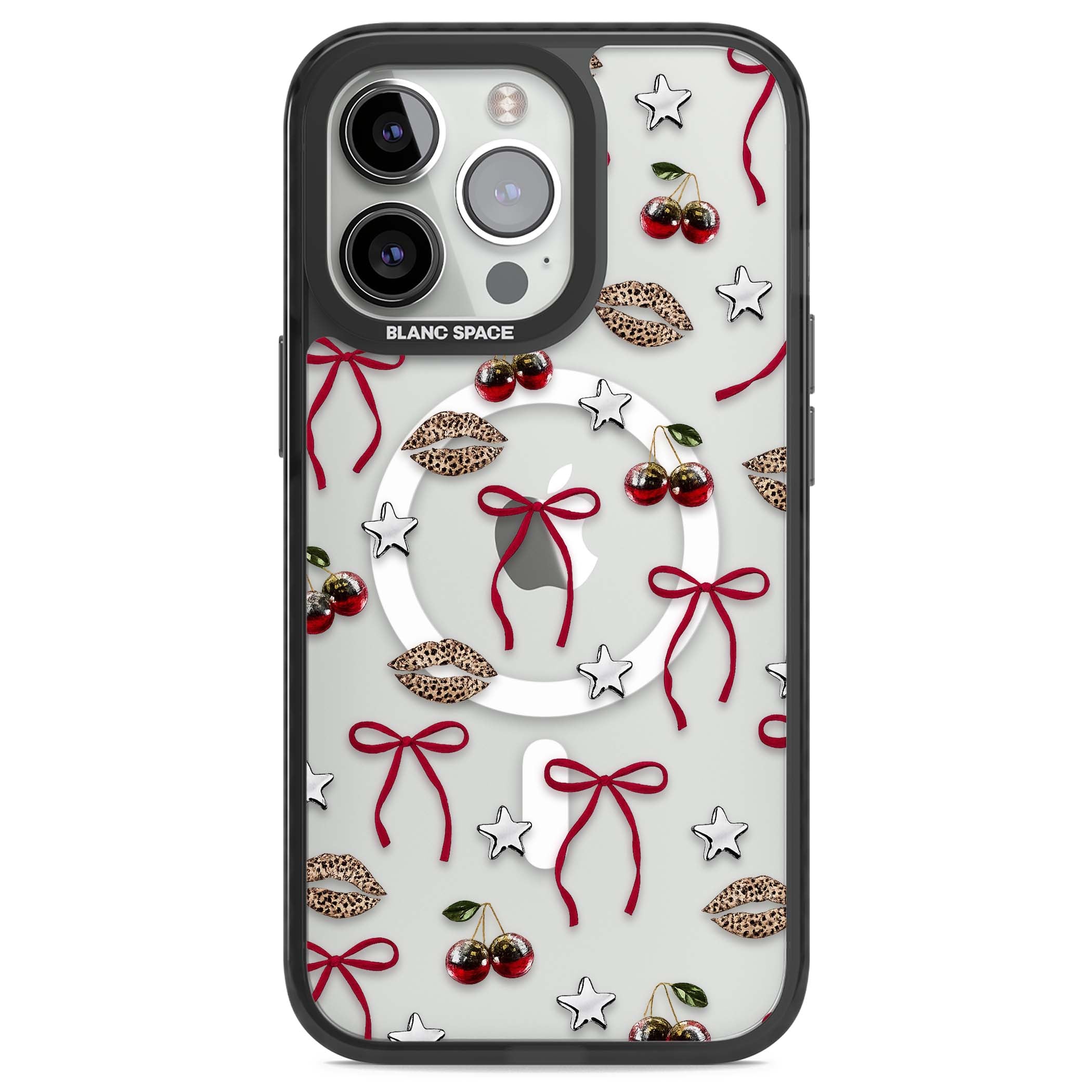 Starlet coquette iPhone case featuring red ribbon bows, disco cherries and leopard-print lips | Black Impact Magsafe case for iPhone 13 Pro, iPhone 14 Pro, iPhone 15 Pro