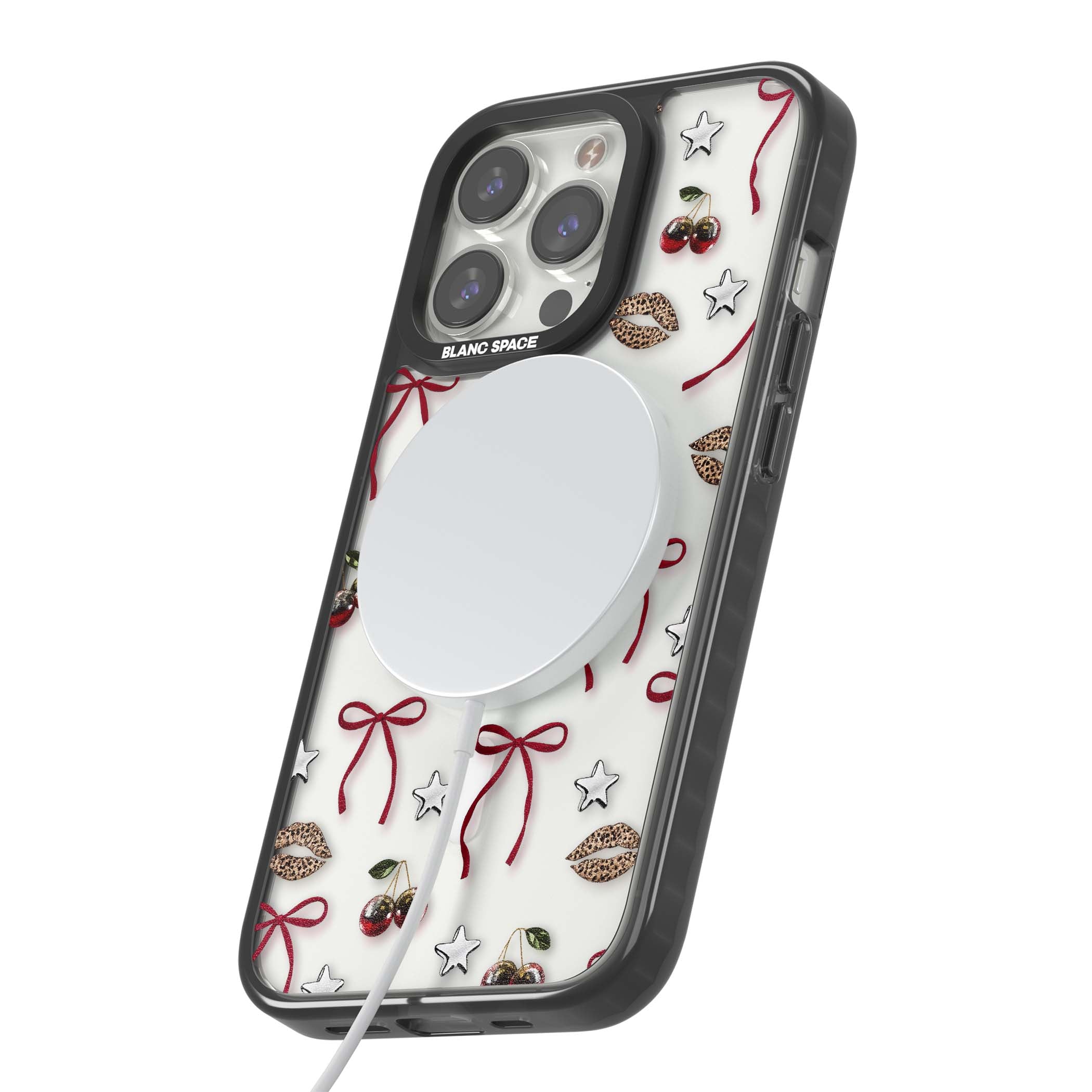 Starlet coquette iPhone case featuring red ribbon bows, disco cherries and leopard-print lips | Black Impact Magsafe case for iPhone 13 Pro, iPhone 14 Pro, iPhone 15 Pro