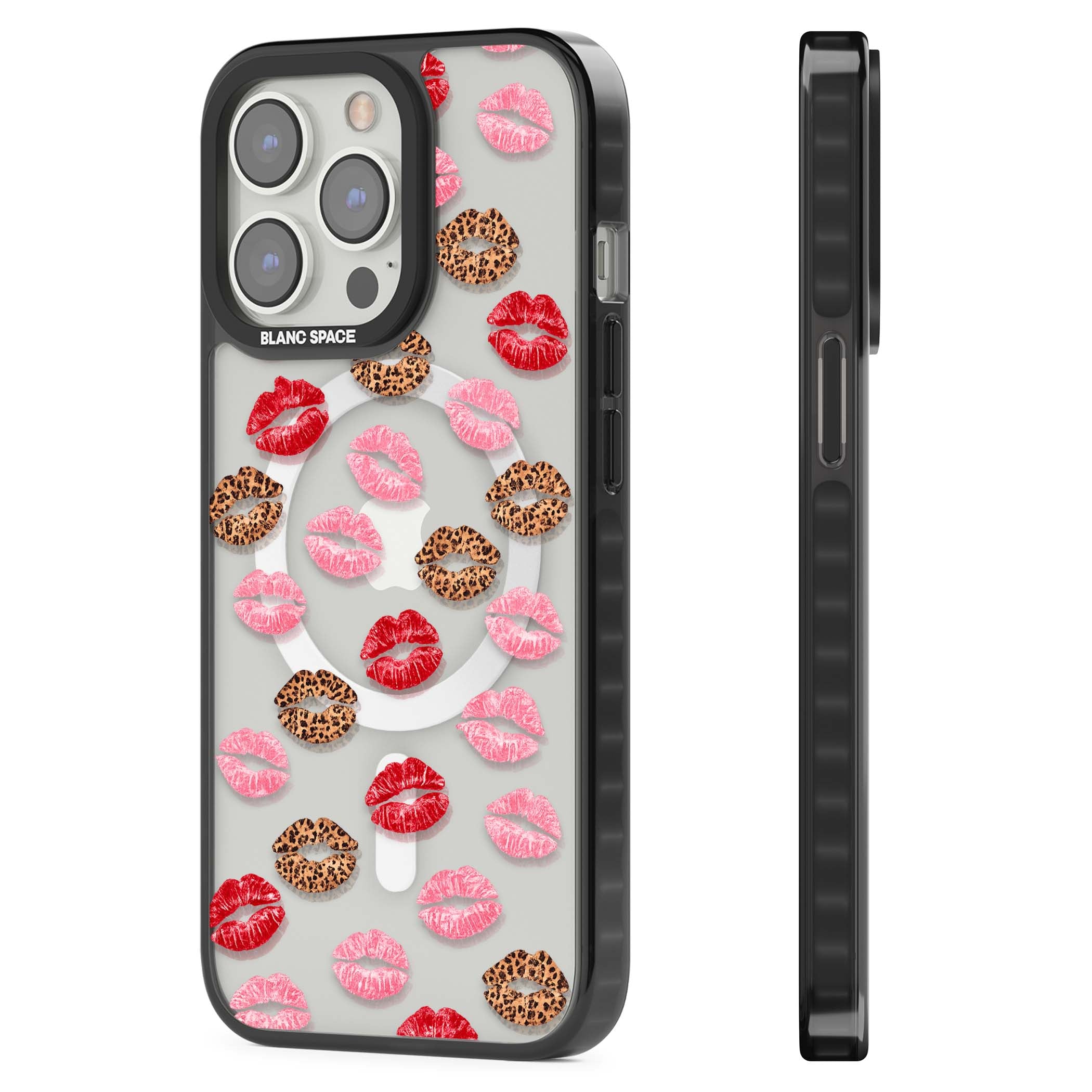 Wild Kisses coquette iPhone case featuring red, pink and leopard print lipstick kiss marks on a clear background | Black Impact Magsafe case for iPhone 13 Pro, iPhone 14 Pro, iPhone 15 Pro