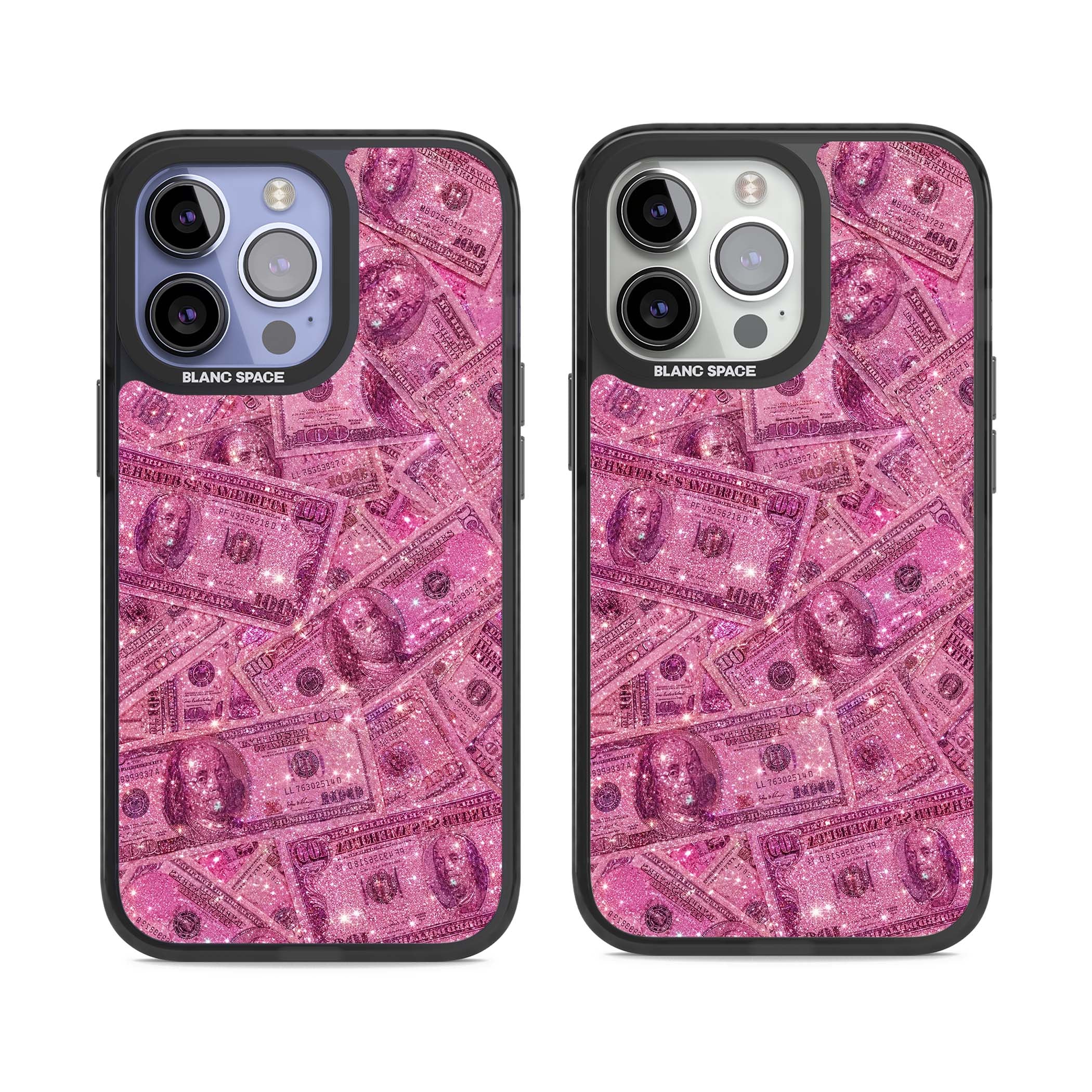 Glamorous baddie iPhone case featuring pink glitter hundred dollar bills and sparkling money wallpaper design | Black Impact Magsafe case for iPhone 13 Pro, iPhone 14 Pro, iPhone 15 Pro