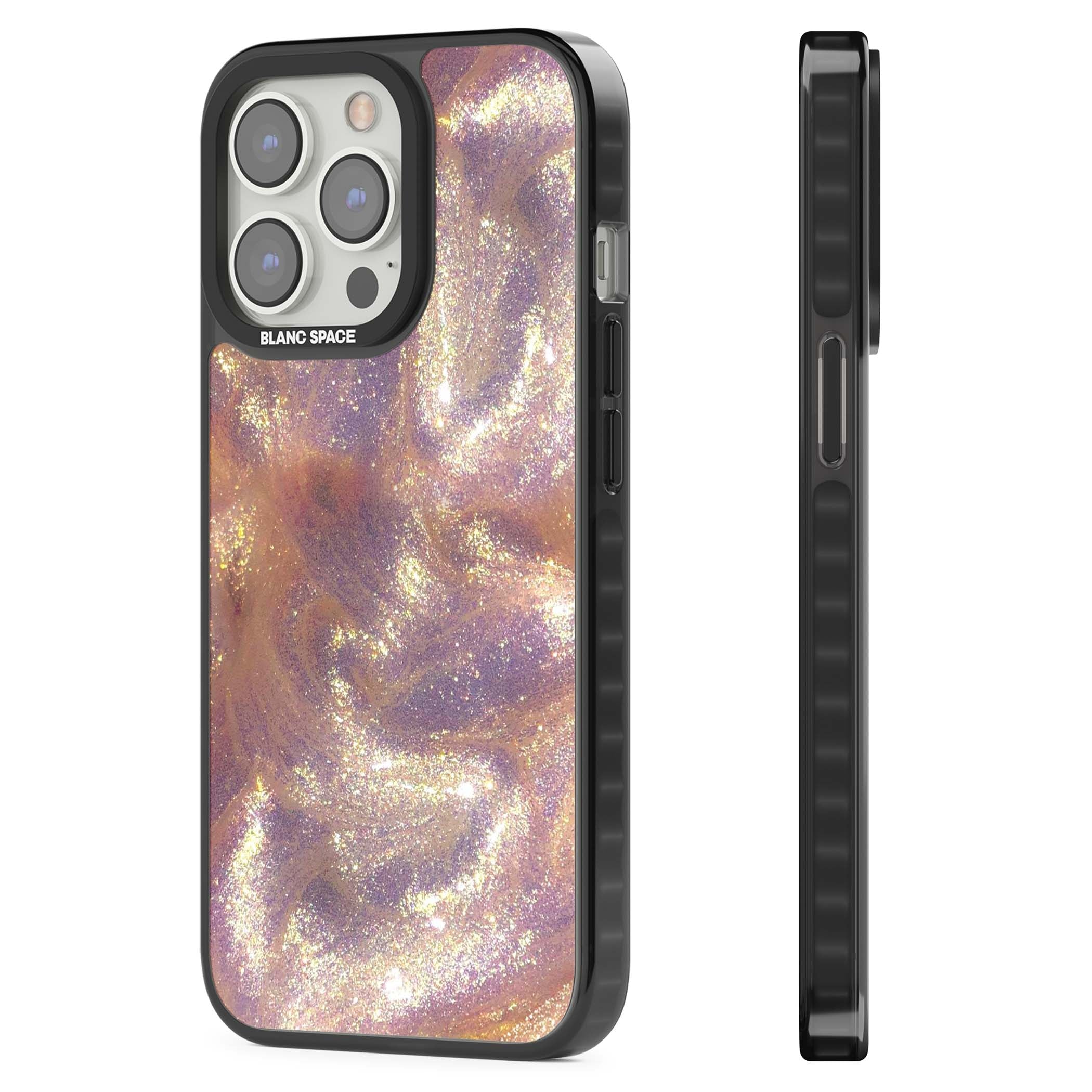 Shimmer marble iPhone case featuring rose gold glitter swirls, lilac shimmer and iridescent pearl finish | Black Impact Magsafe case for iPhone 13 Pro, iPhone 14 Pro, iPhone 15 Pro