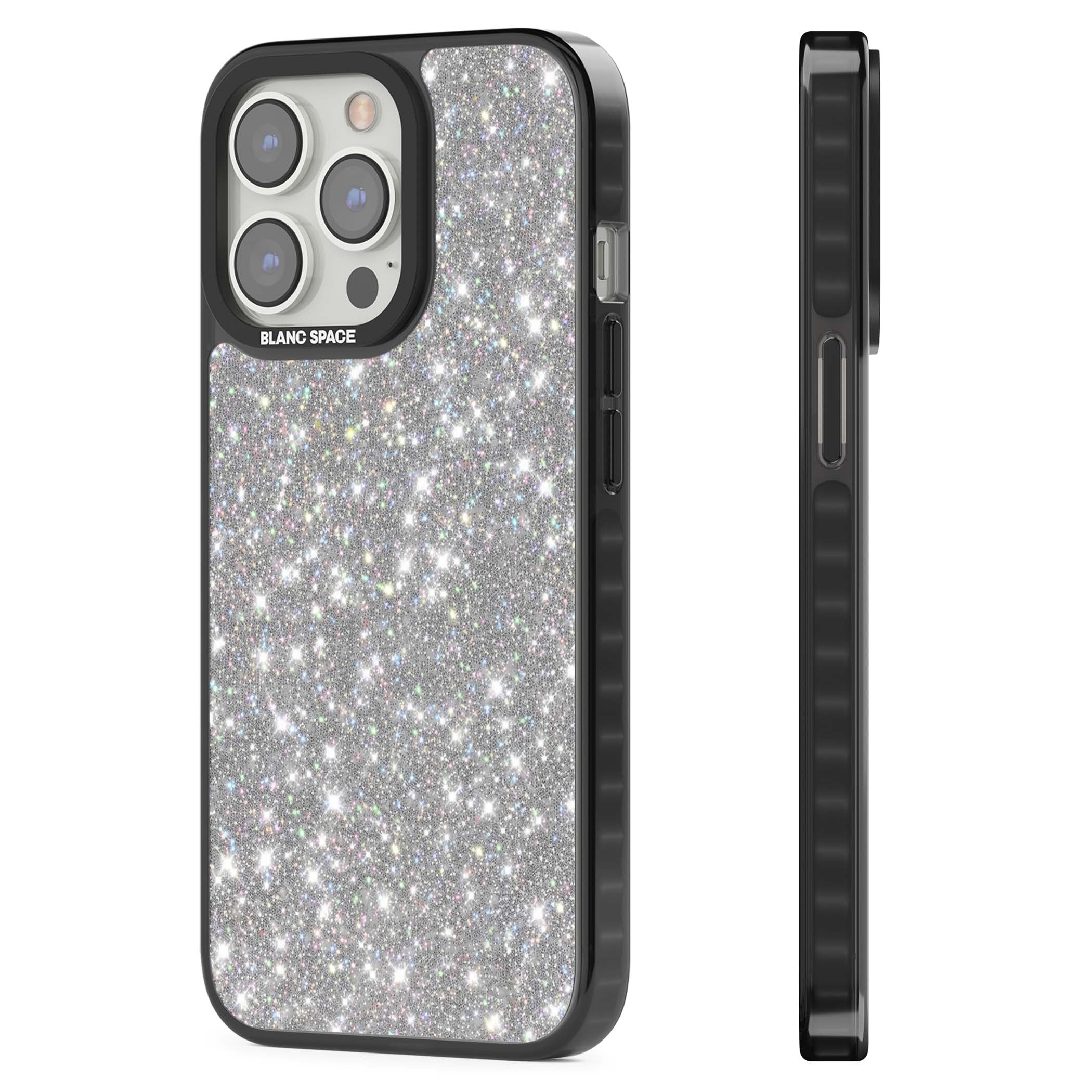 Diamond glam iPhone case featuring silver glitter sparkle and shimmering diamond dust effect | Black Impact Magsafe case for iPhone 13 Pro, iPhone 14 Pro, iPhone 15 Pro