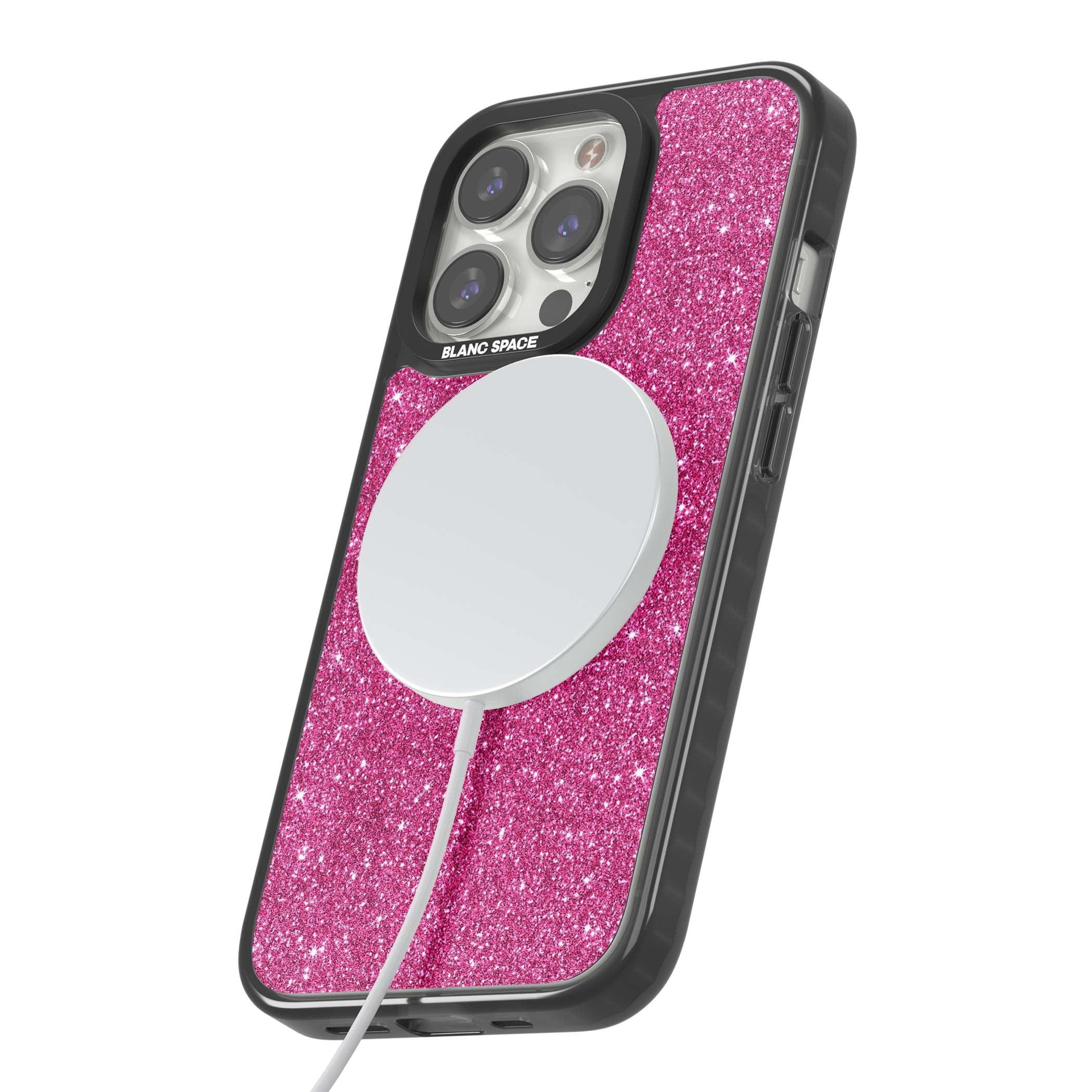 Pink Glitter Y2K iPhone case featuring hot pink glitter wallpaper with sparkle shimmer effect | Black Impact Magsafe case for iPhone 13 Pro, iPhone 14 Pro, iPhone 15 Pro