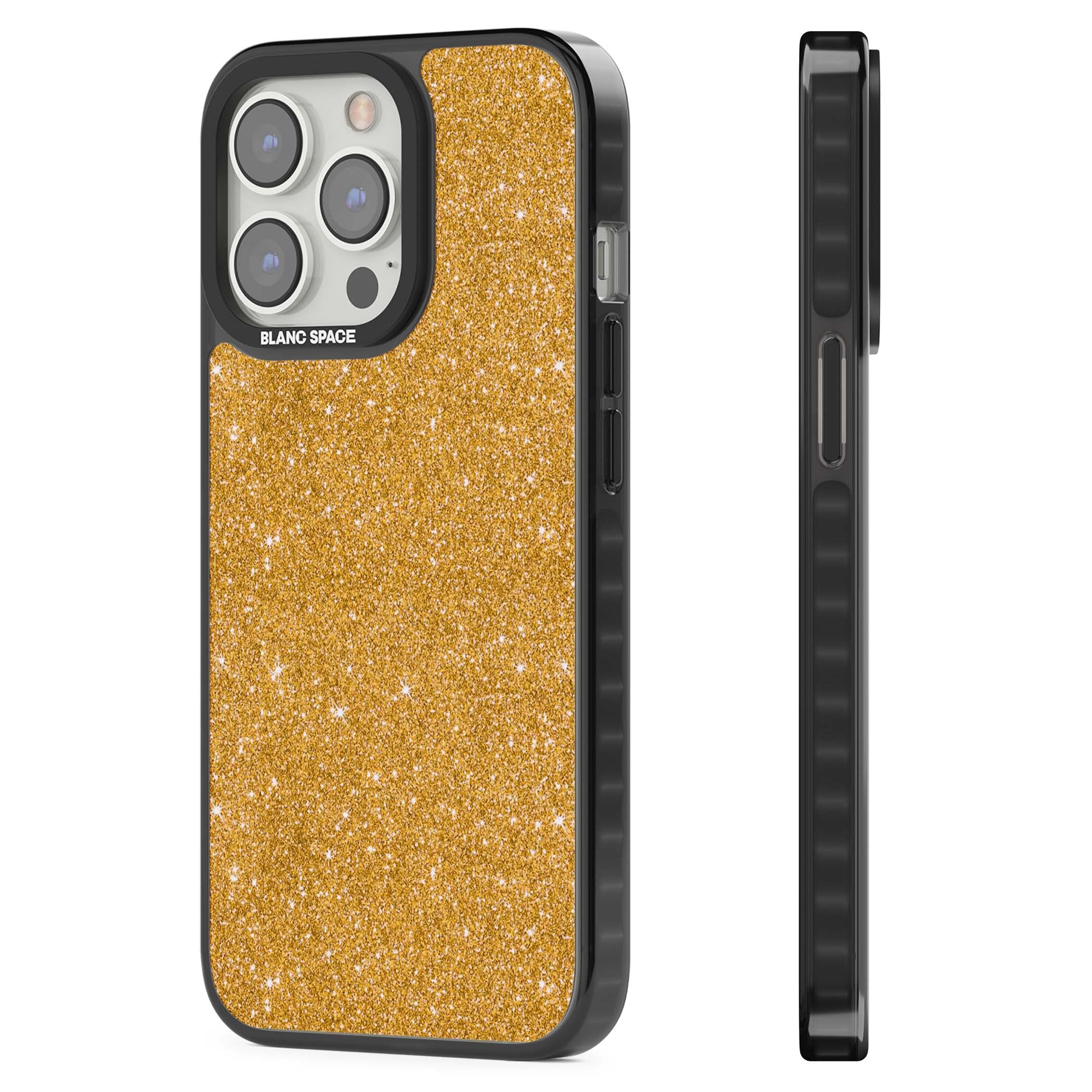 Gold Glitter gold glitter iPhone case featuring a shimmering sparkle wallpaper design in luxury gold | Black Impact Magsafe case for iPhone 13 Pro, iPhone 14 Pro, iPhone 15 Pro