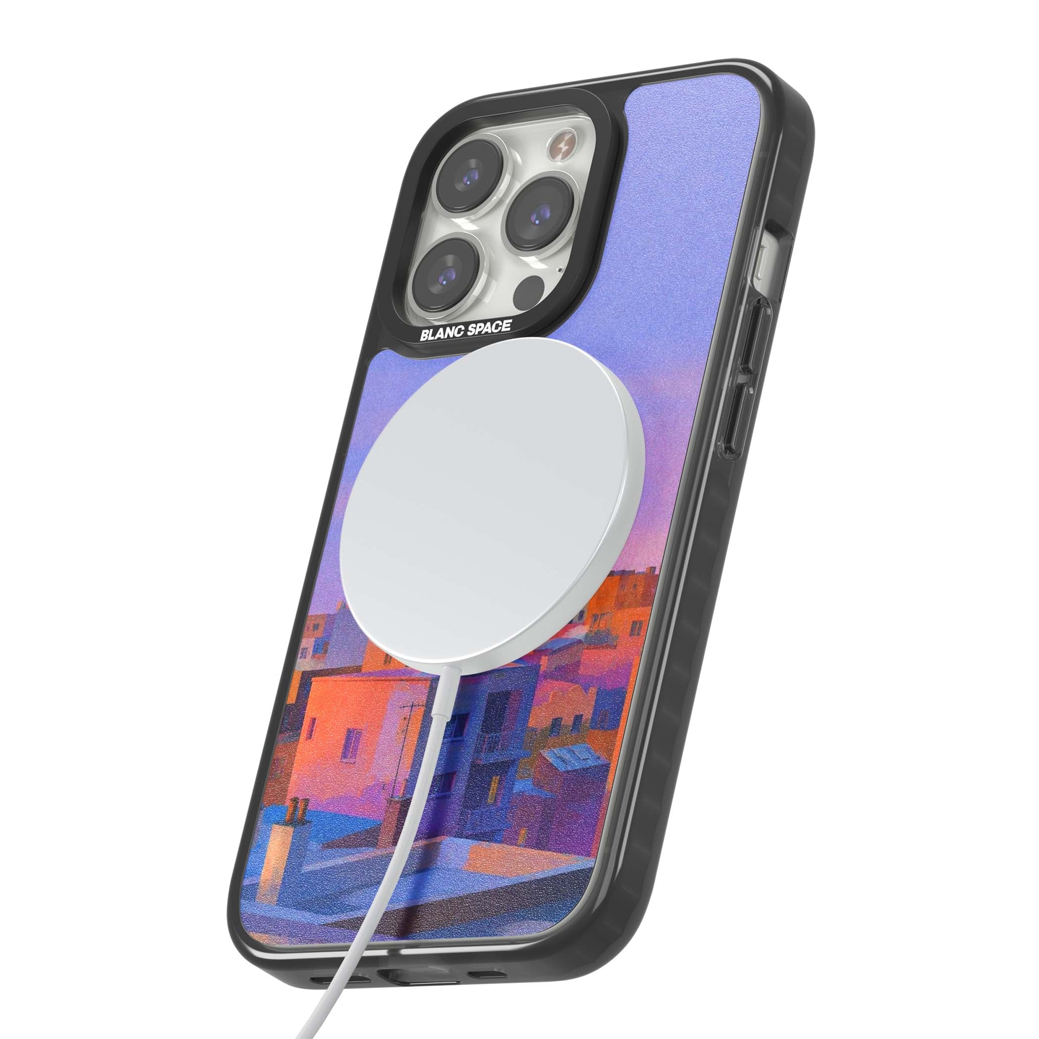 Twilight Rooftops vaporwave iPhone case featuring a pastel sunset cityscape, painted rooftops and a crescent moon. | Black Impact Magsafe case for iPhone 13 Pro, iPhone 14 Pro, iPhone 15 Pro