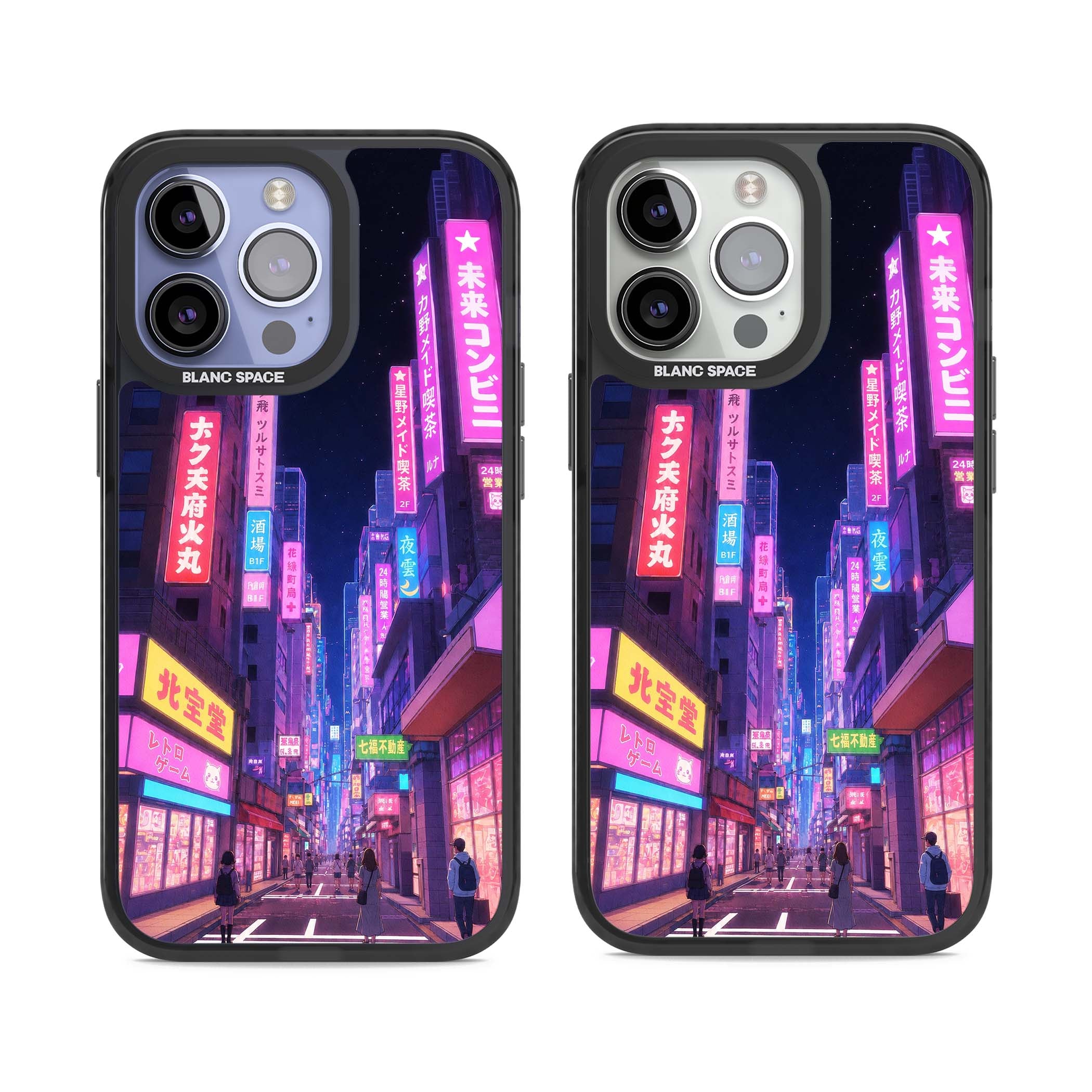 Shibuya At Night Japanese neon city iPhone case featuring glowing kanji signs, pink storefronts and a Tokyo street at n | Black Impact Magsafe case for iPhone 13 Pro, iPhone 14 Pro, iPhone 15 Pro