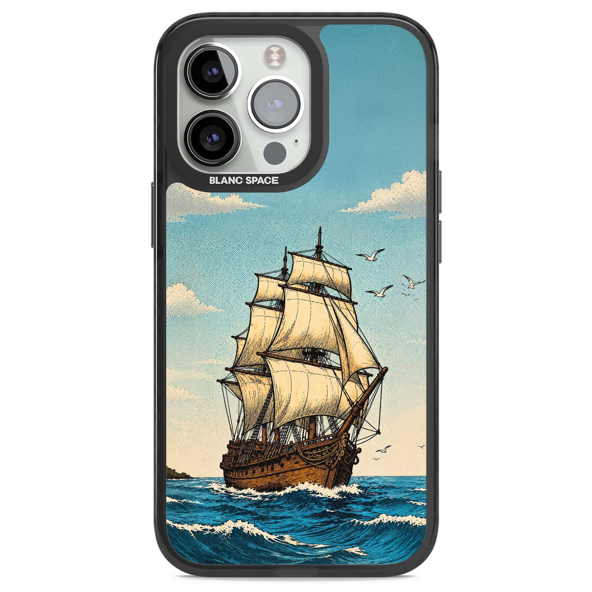 Ship at Sea nautical iPhone case featuring a vintage tall ship, ocean waves and seagulls | Black Impact Magsafe case for iPhone 13 Pro, iPhone 14 Pro, iPhone 15 Pro