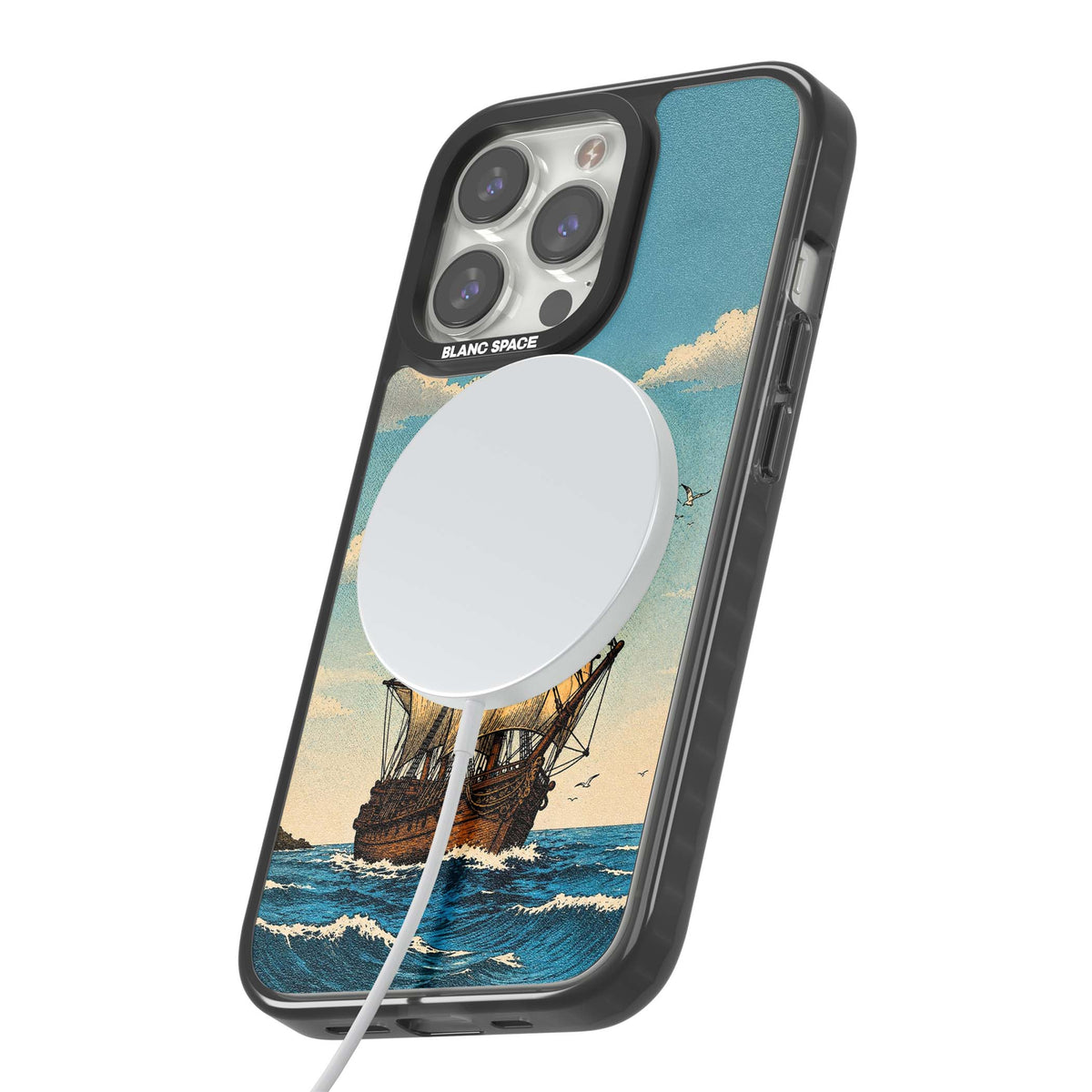 Ship at Sea nautical iPhone case featuring a vintage tall ship, ocean waves and seagulls | Black Impact Magsafe case for iPhone 13 Pro, iPhone 14 Pro, iPhone 15 Pro