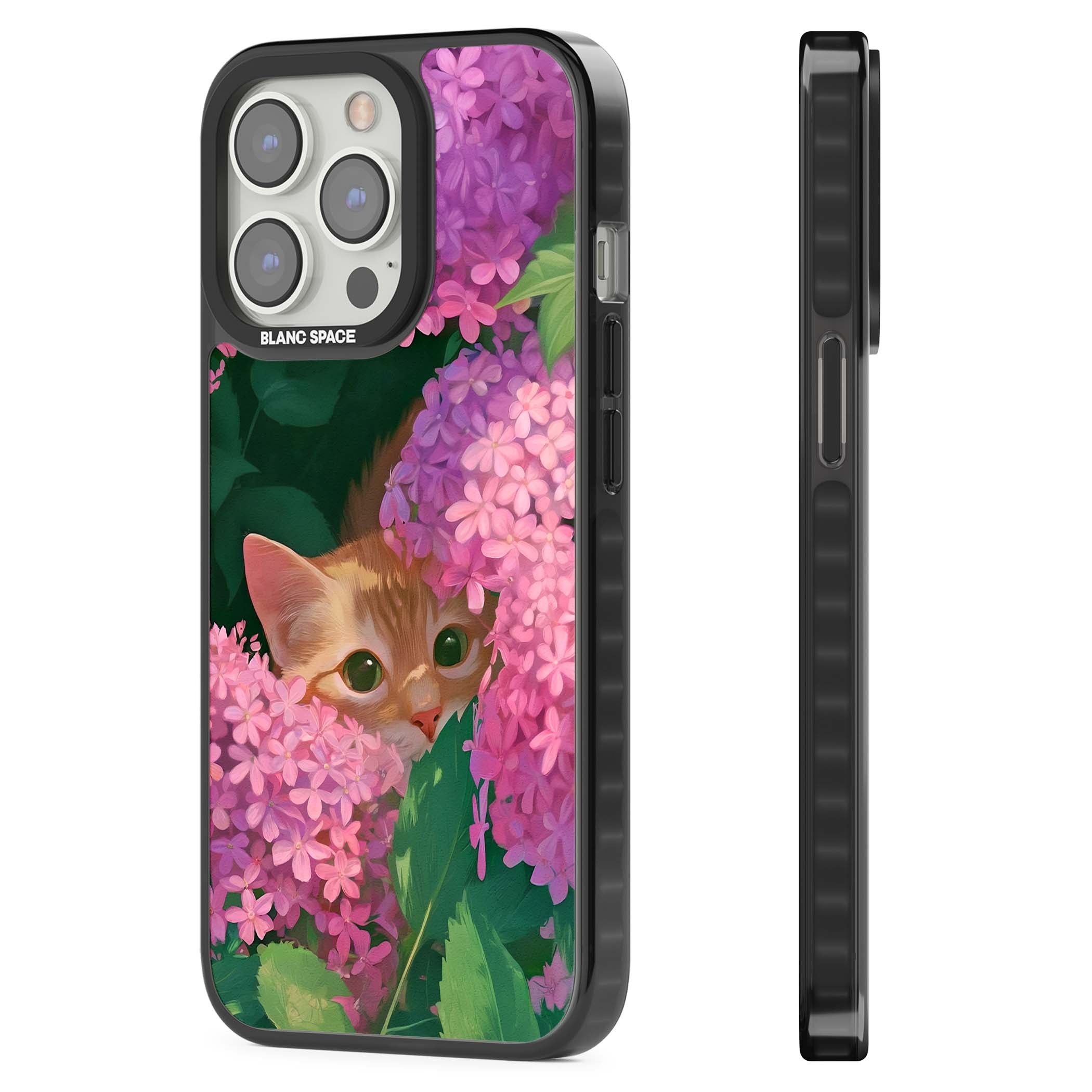 Cat In Pink Flowers cottagecore iPhone case featuring a ginger kitten peeking through lilac and pink hydrangea flo | Black Impact Magsafe case for iPhone 13 Pro, iPhone 14 Pro, iPhone 15 Pro