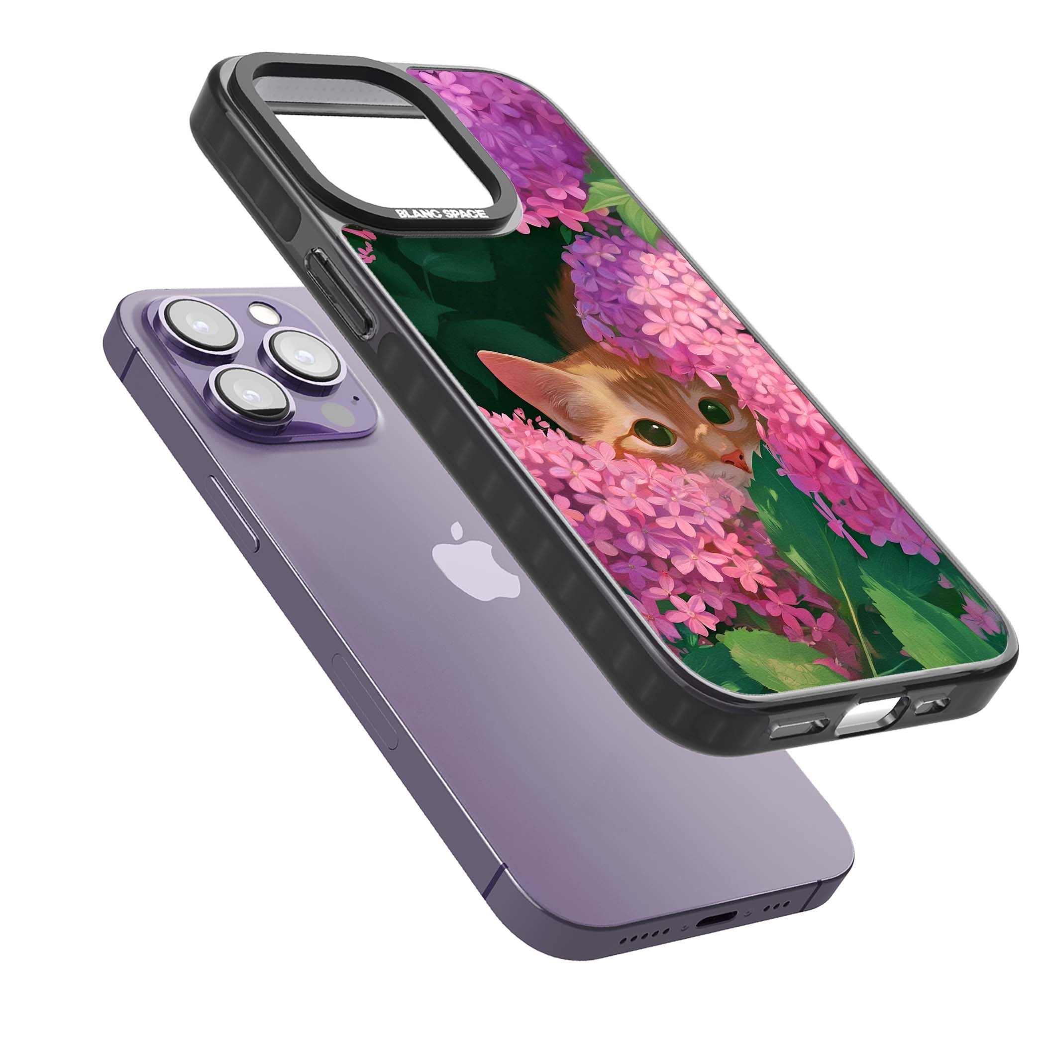Cat In Pink Flowers cottagecore iPhone case featuring a ginger kitten peeking through lilac and pink hydrangea flo | Black Impact Magsafe case for iPhone 13 Pro, iPhone 14 Pro, iPhone 15 Pro