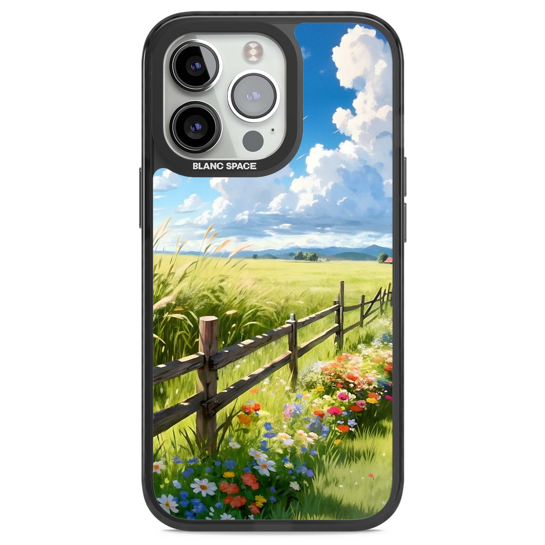 A Countryside Afternoon cottagecore iPhone case featuring a painted countryside meadow, wooden fence, and wildflowers beneath | Black Impact Magsafe case for iPhone 13 Pro, iPhone 14 Pro, iPhone 15 Pro
