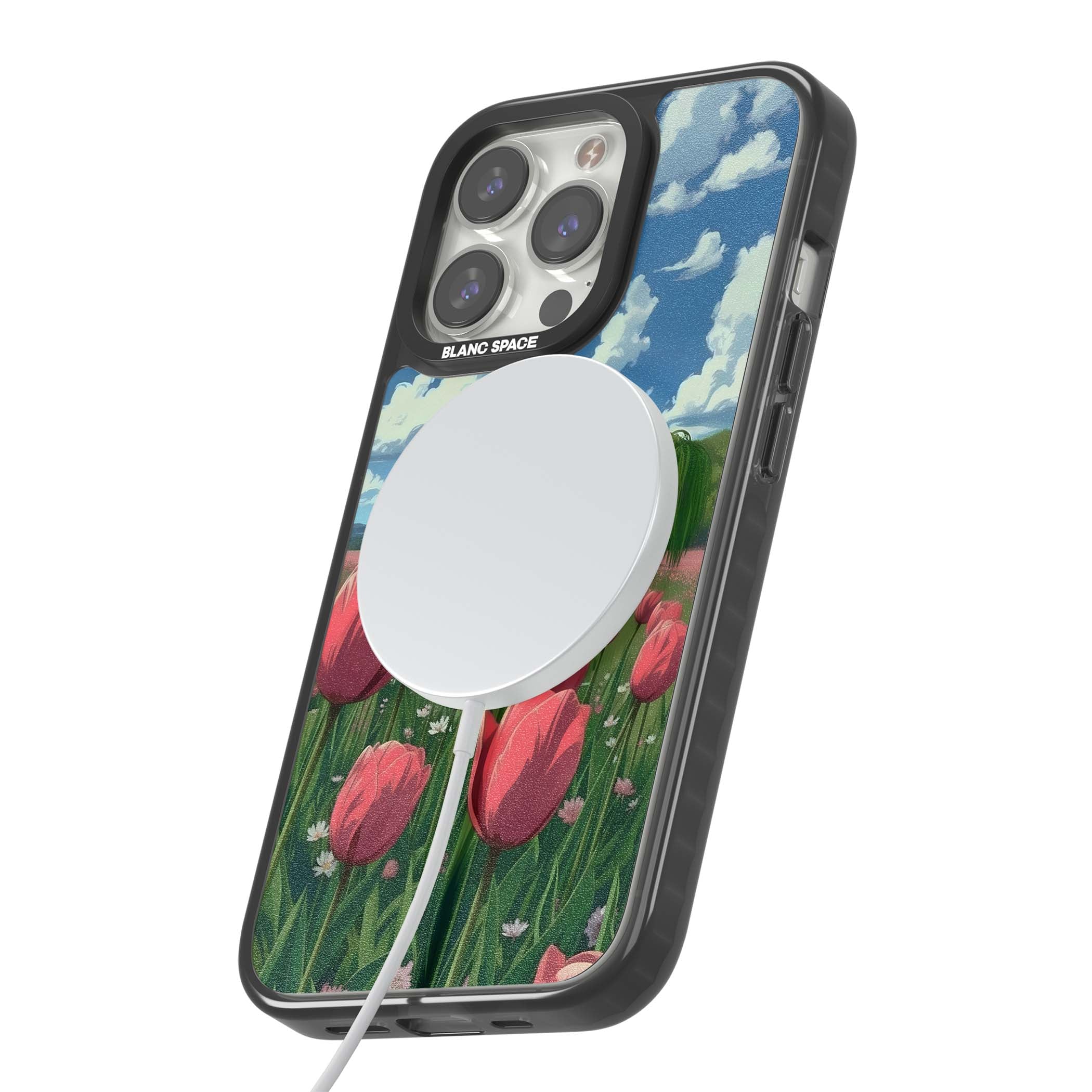 Willow By The Pink Tulips floral iPhone case | Black Impact Magsafe case for iPhone 13 Pro, iPhone 14 Pro, iPhone 15 Pro