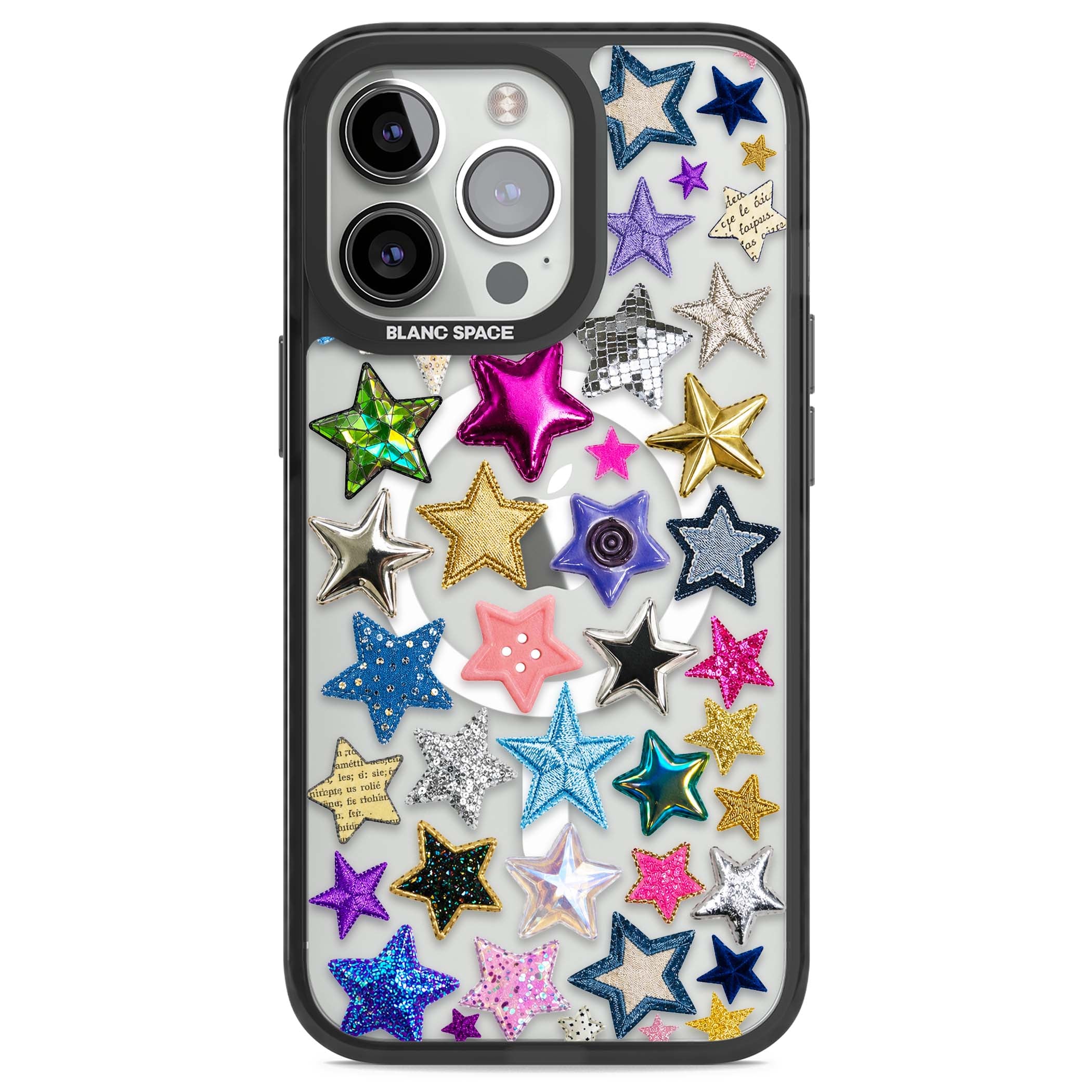 Crafty Star Mix Y2K iPhone case featuring embroidered, sequinned and glitter star patches in rainbow colours | Black Impact Magsafe case for iPhone 13 Pro, iPhone 14 Pro, iPhone 15 Pro