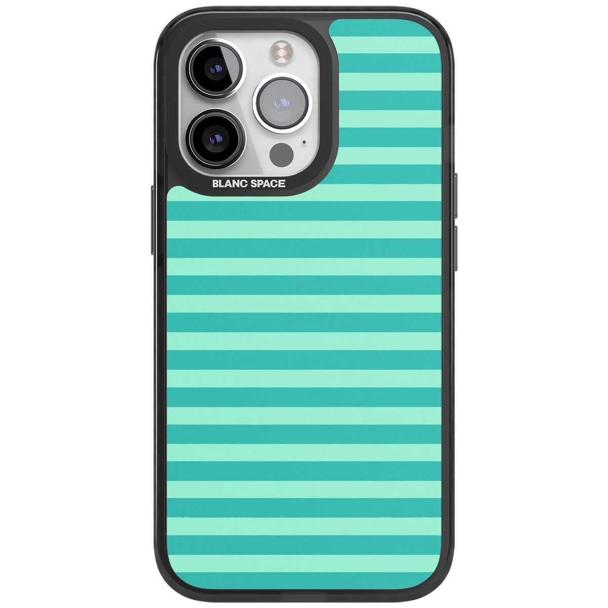Turquoise Stripe preppy iPhone case featuring horizontal teal and mint green stripes on a black protective frame iPhone 12 Pro Max / iPhone 13 Pro / iPhone 13 Pro Max / iPhone 14 Pro / iPhone 14 Pro Max / iPhone 15 Pro / iPhone 15 Pro Max Impact Pro Black Phone Case front