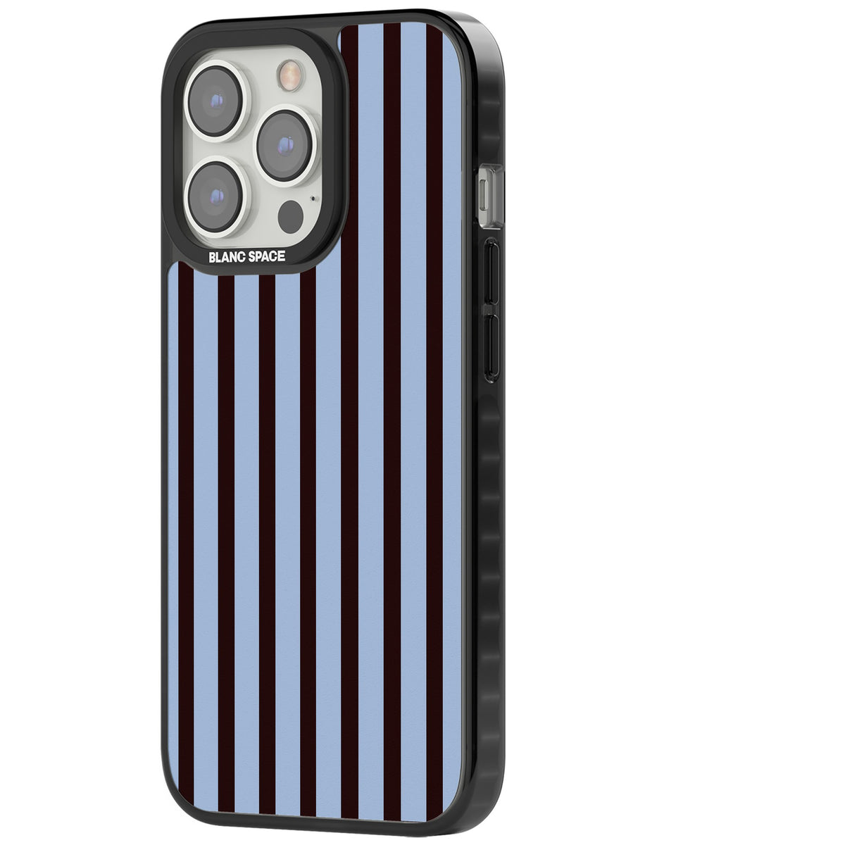 Blackcurrant Stripe preppy iPhone case featuring vertical burgundy and light blue stripes in a classic pinstripe layout iPhone 12 Pro Max / iPhone 13 Pro / iPhone 13 Pro Max / iPhone 14 Pro / iPhone 14 Pro Max / iPhone 15 Pro / iPhone 15 Pro Max Impact Pro Black Phone Case side