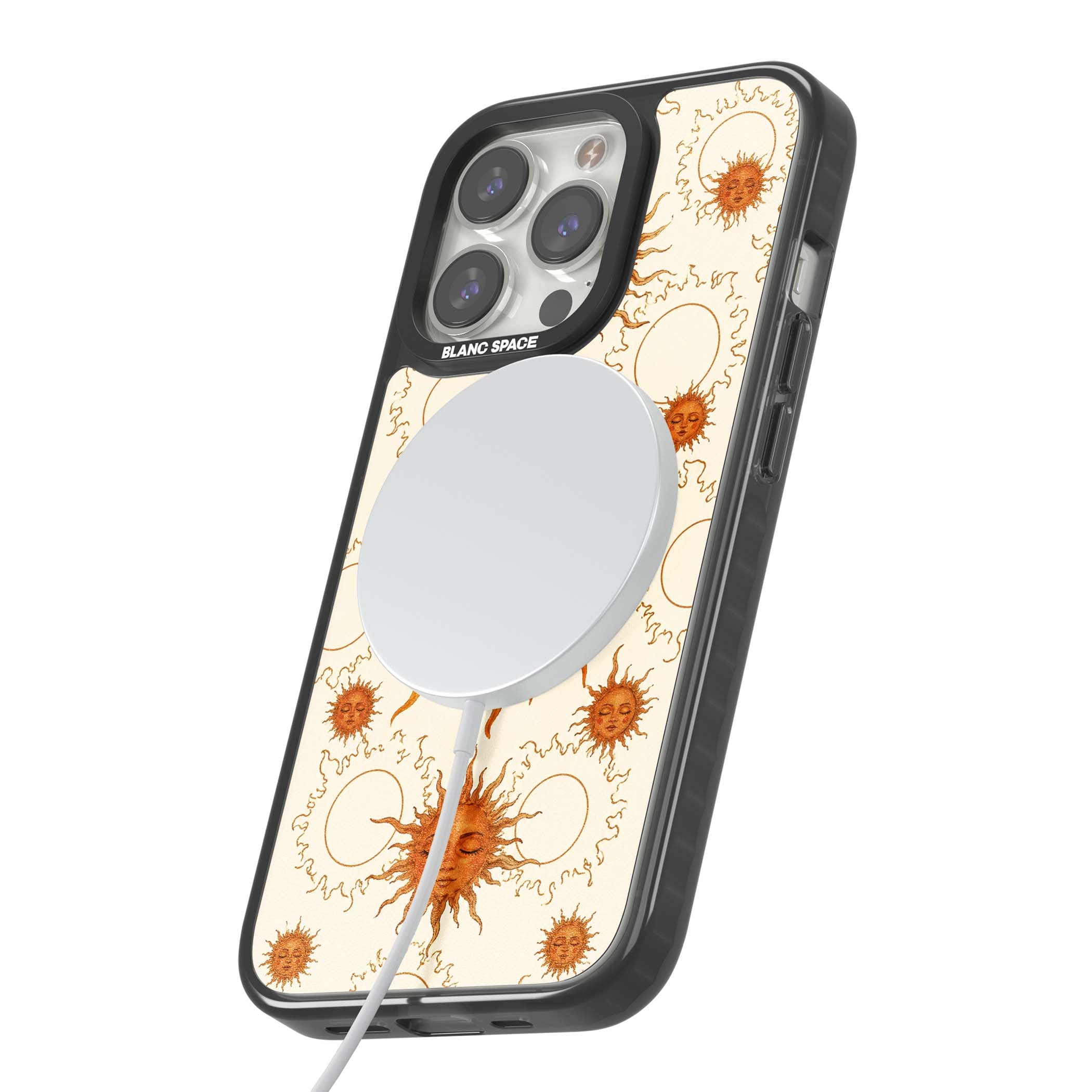 Solstice Muse celestial iPhone case featuring hand-painted golden sun faces, closed-eye sun goddesses and outlined moons... | Black Impact Magsafe case for iPhone 13 Pro, iPhone 14 Pro, iPhone 15 Pro