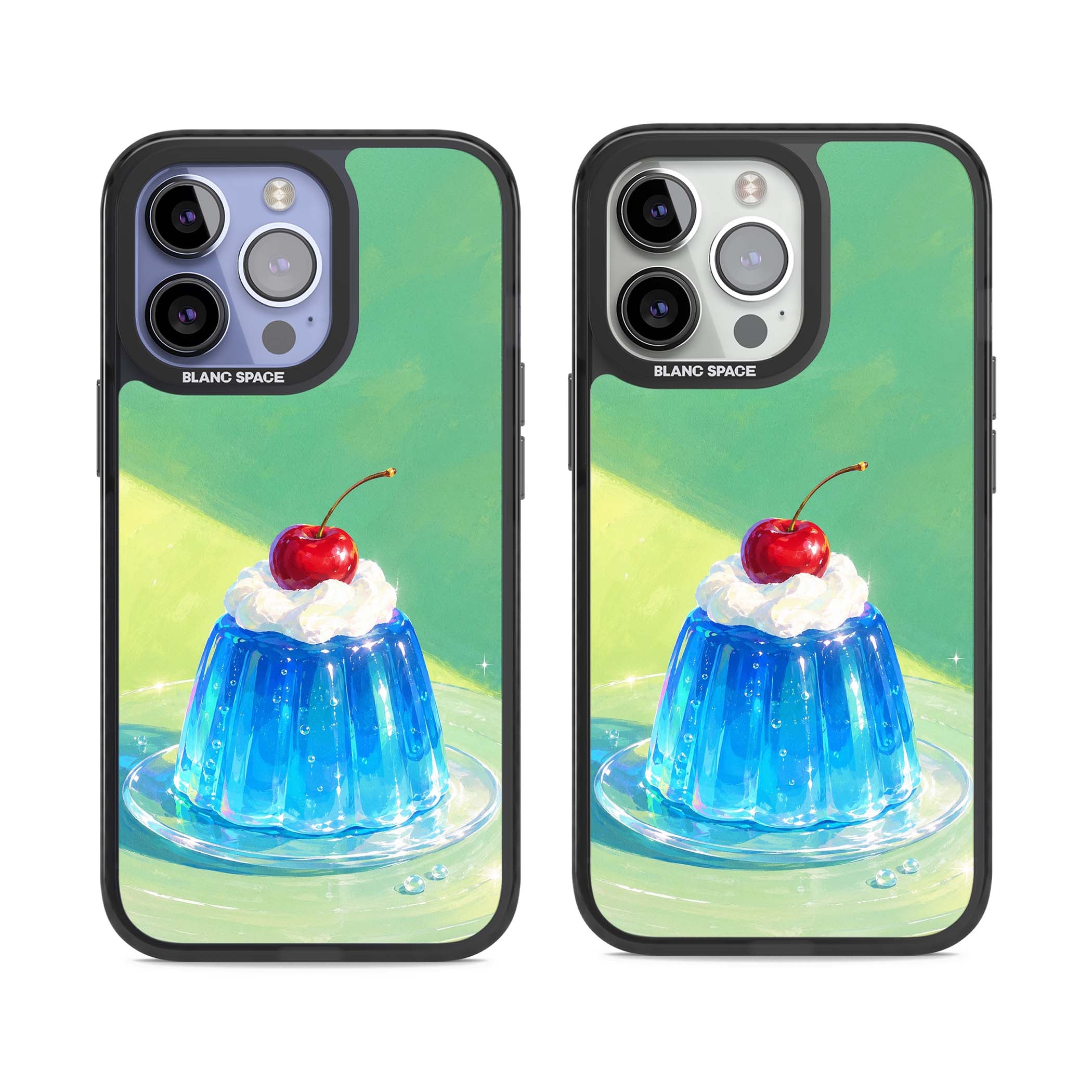 Cherry Jelly kawaii dessert iPhone case featuring blue jelly pudding, whipped cream and a red cherry | Black Impact Magsafe case for iPhone 13 Pro, iPhone 14 Pro, iPhone 15 Pro