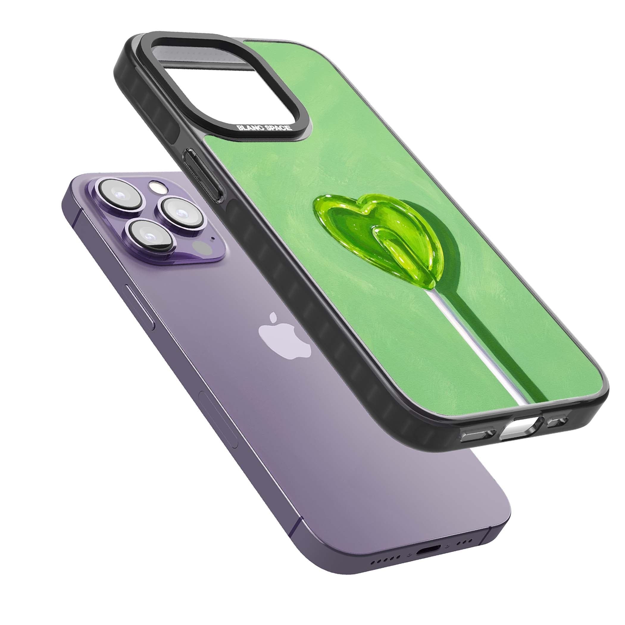 Green Lollipop candy art iPhone case featuring a glossy green heart-shaped lollipop on a painted pastel green background | Black Impact Magsafe case for iPhone 13 Pro, iPhone 14 Pro, iPhone 15 Pro