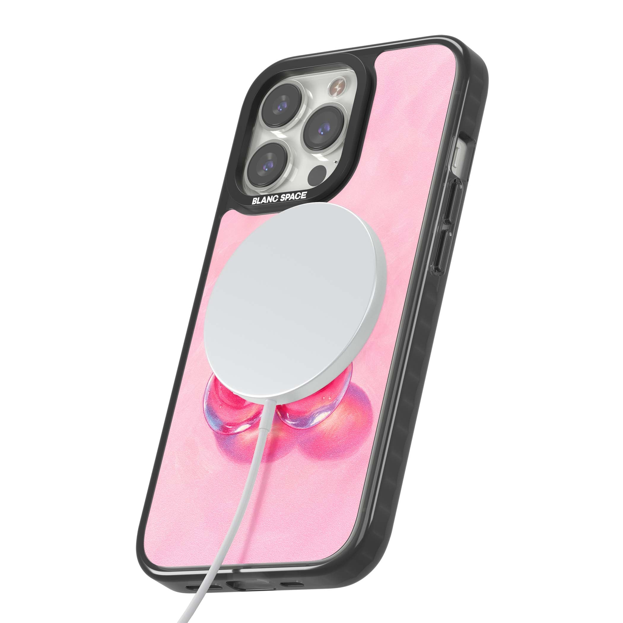 Pink Glass Cherry coquette iPhone case featuring two glossy painted cherries on a soft pink background | Black Impact Magsafe case for iPhone 13 Pro, iPhone 14 Pro, iPhone 15 Pro