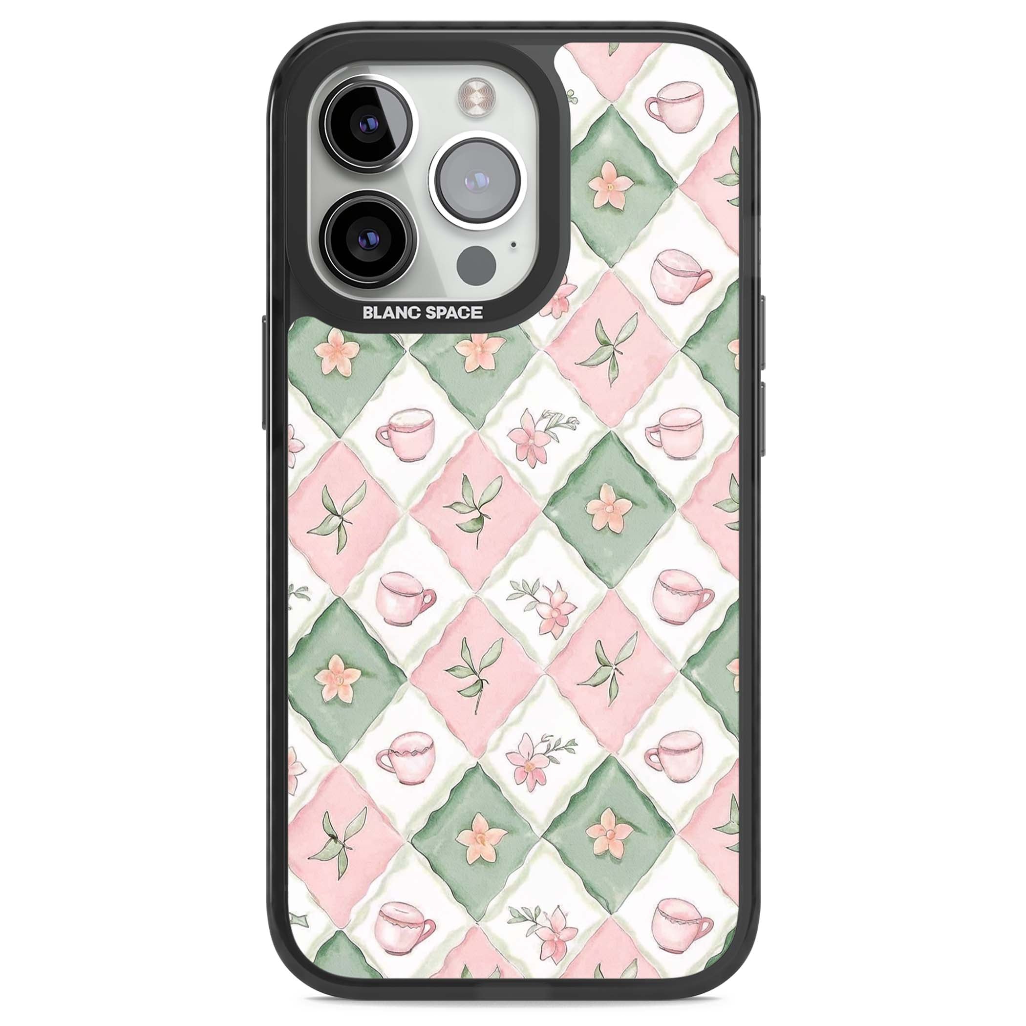 Garden Tea Party coquette iPhone case with pink and green checkered pattern, watercolour teacups and wildflowers | Black Impact Magsafe case for iPhone 13 Pro, iPhone 14 Pro, iPhone 15 Pro