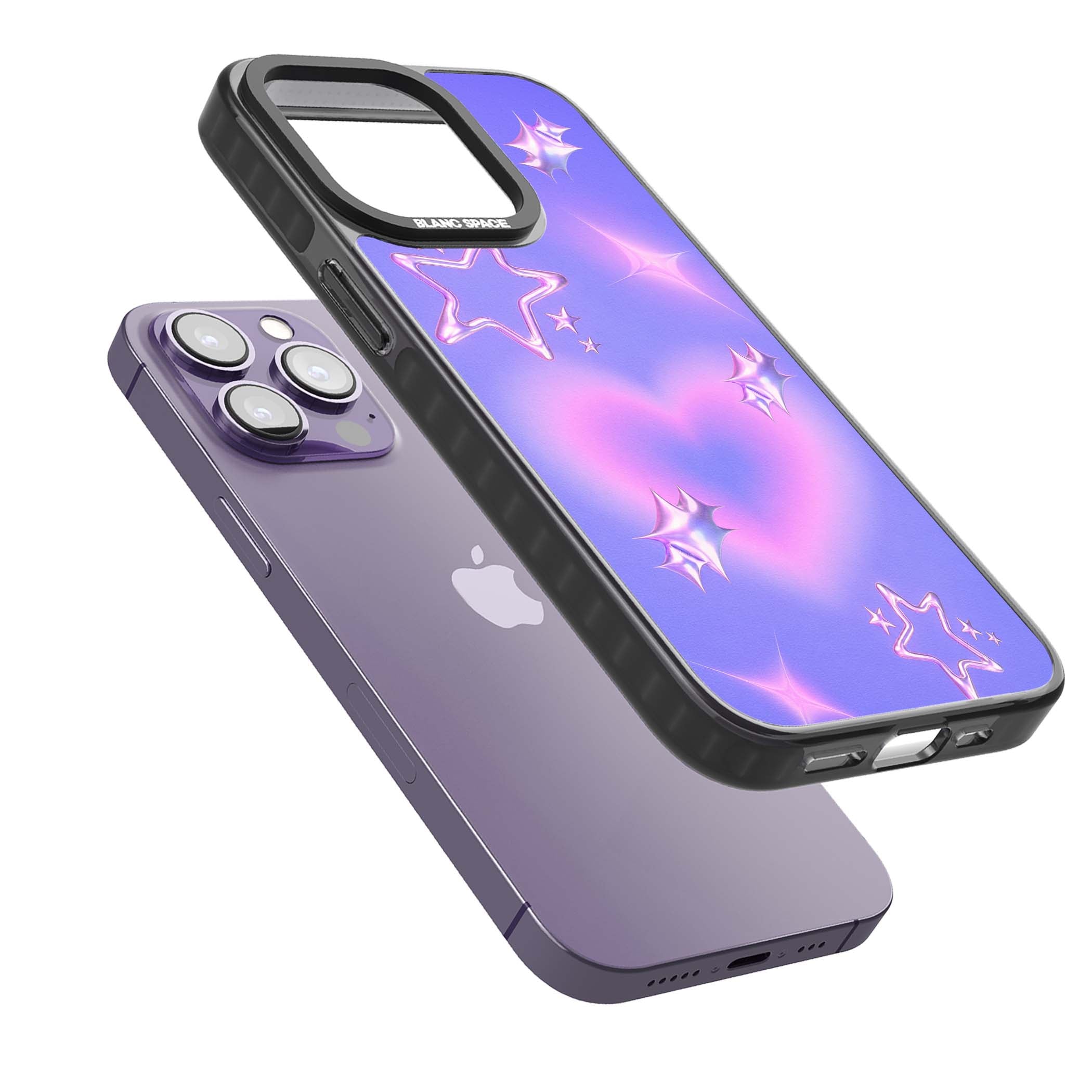 Soft Sugar Y2K iPhone case featuring iridescent chrome hearts, metallic pink stars and a lavender gradient sky | Black Impact Magsafe case for iPhone 13 Pro, iPhone 14 Pro, iPhone 15 Pro