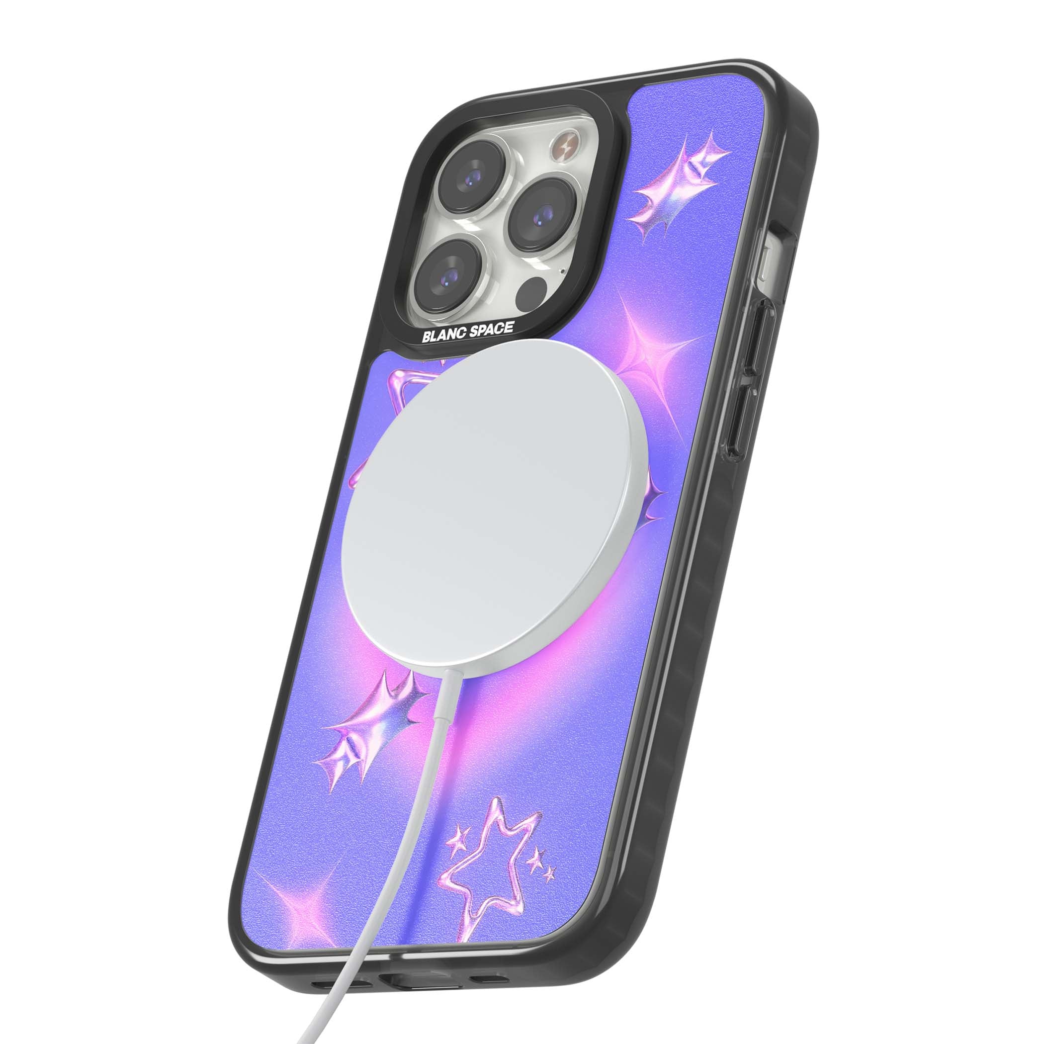 Soft Sugar Y2K iPhone case featuring iridescent chrome hearts, metallic pink stars and a lavender gradient sky | Black Impact Magsafe case for iPhone 13 Pro, iPhone 14 Pro, iPhone 15 Pro