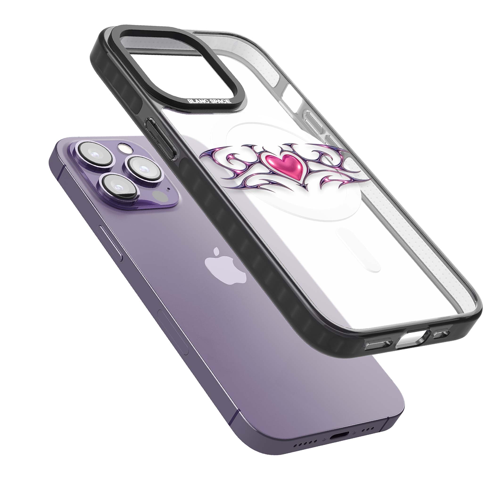 Pink Chrome Heart y2k iPhone case | Black Impact Magsafe case for iPhone 13 Pro, iPhone 14 Pro, iPhone 15 Pro