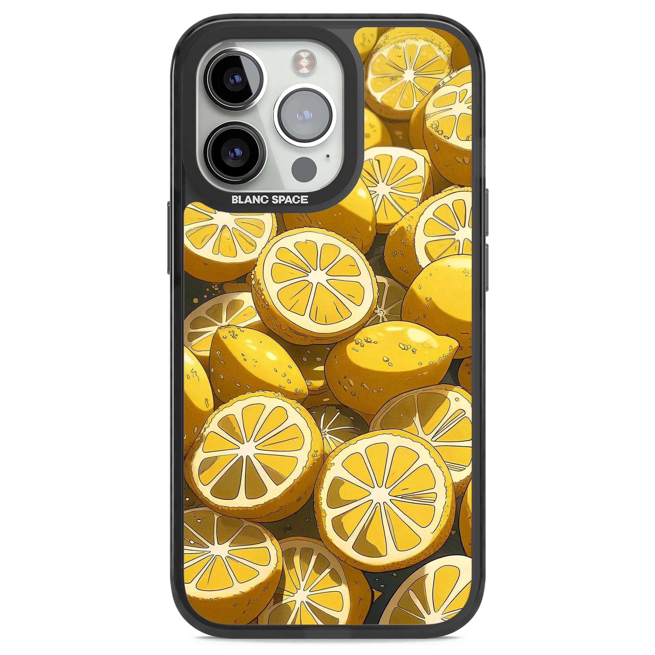 Zesty coastal iPhone case featuring illustrated Mediterranean lemons and citrus slices in golden yellow | Black Impact Magsafe case for iPhone 13 Pro, iPhone 14 Pro, iPhone 15 Pro