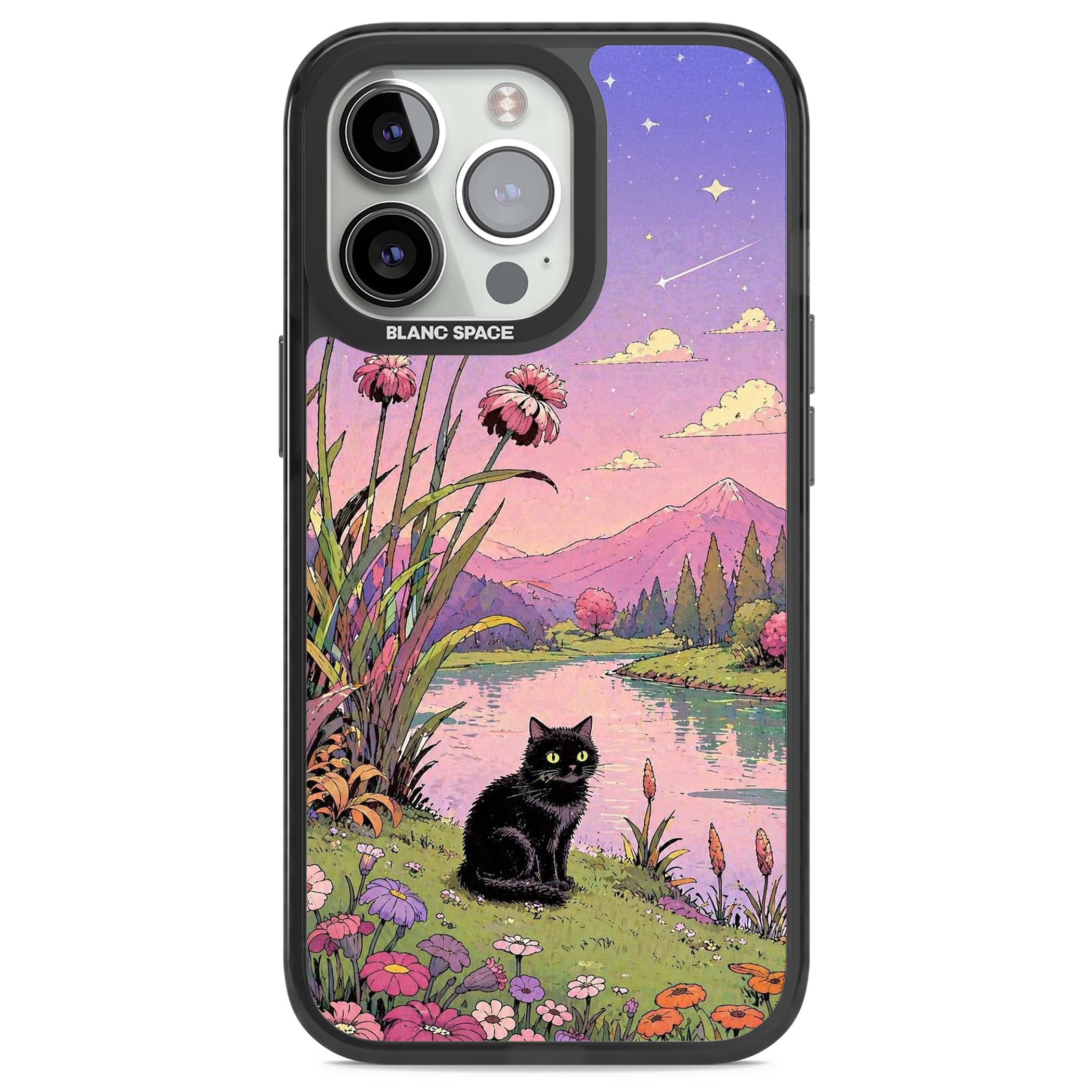 Mystic Whiskers ghibli iPhone case featuring a black cat by a pastel lake, wildflowers and a starry sunset sky | Black Impact case for iPhone 13 Pro, iPhone 14 Pro, iPhone 15 Pro