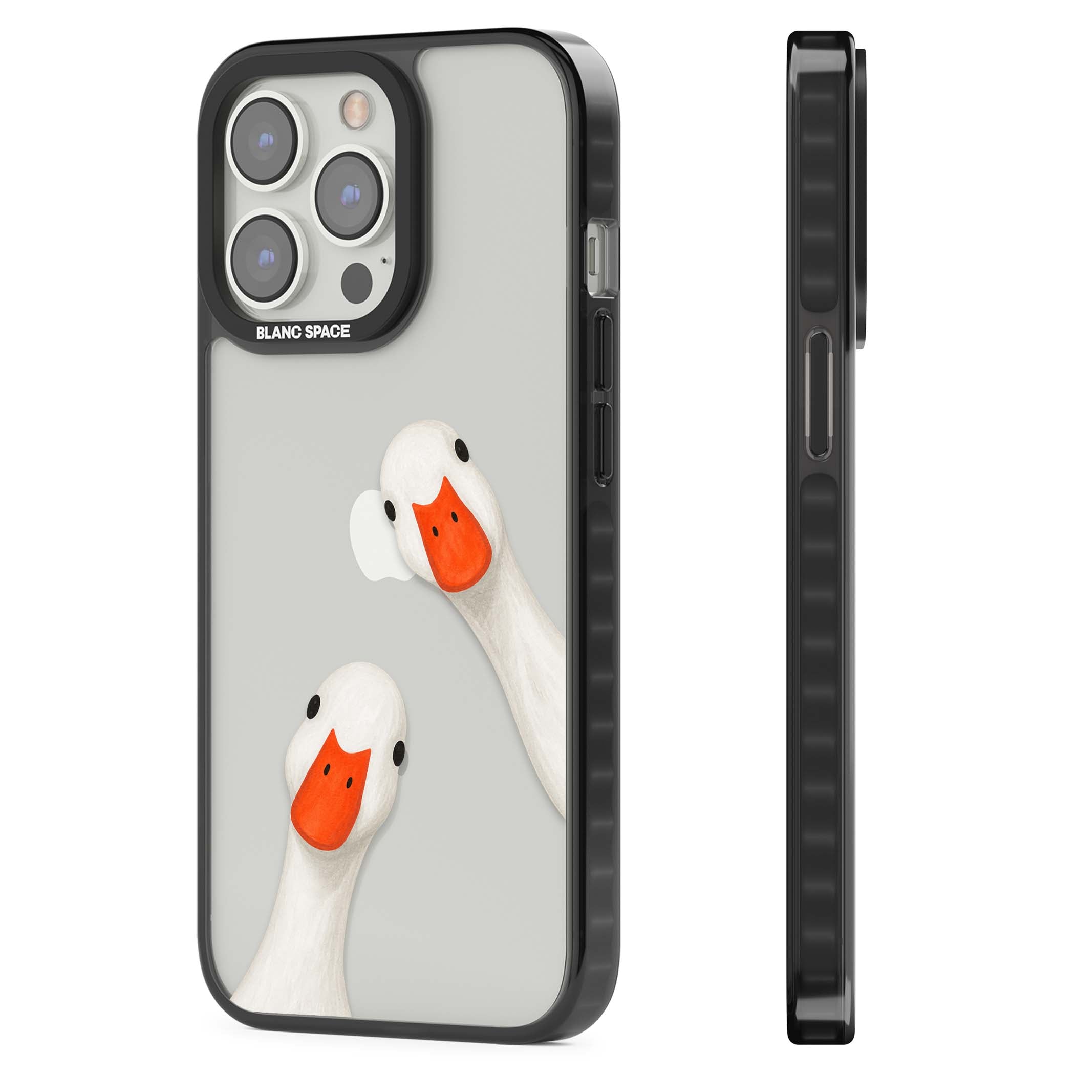 Nosy Ducks cottagecore iPhone case featuring two peeking white ducks with orange beaks on a clear background | Black Impact case for iPhone 13 Pro, iPhone 14 Pro, iPhone 15 Pro