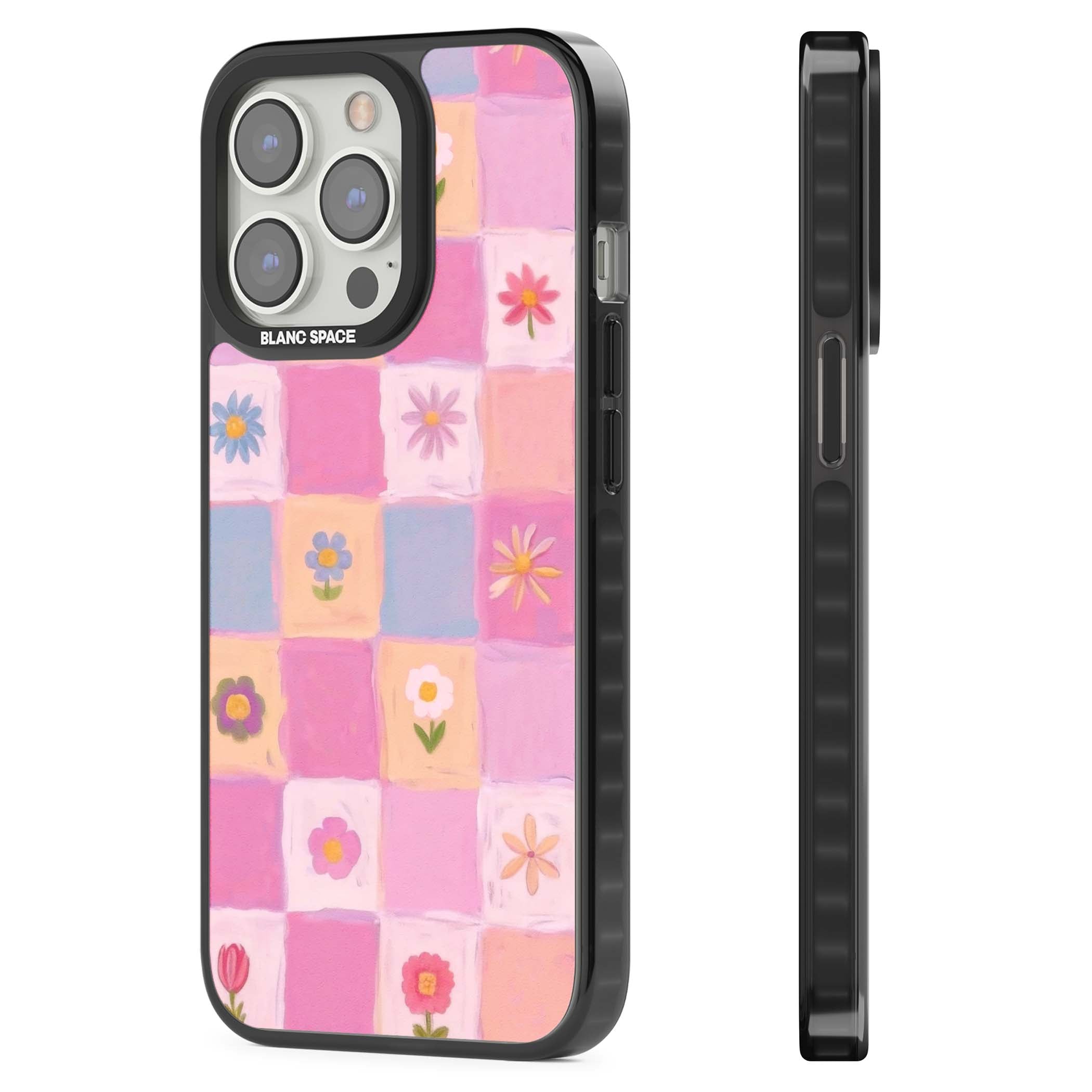 Pastel Flower Patchwork cottagecore iPhone case featuring painted pink and lilac squares with daisies and wildflowers | Black Impact case for iPhone 13 Pro, iPhone 14 Pro, iPhone 15 Pro