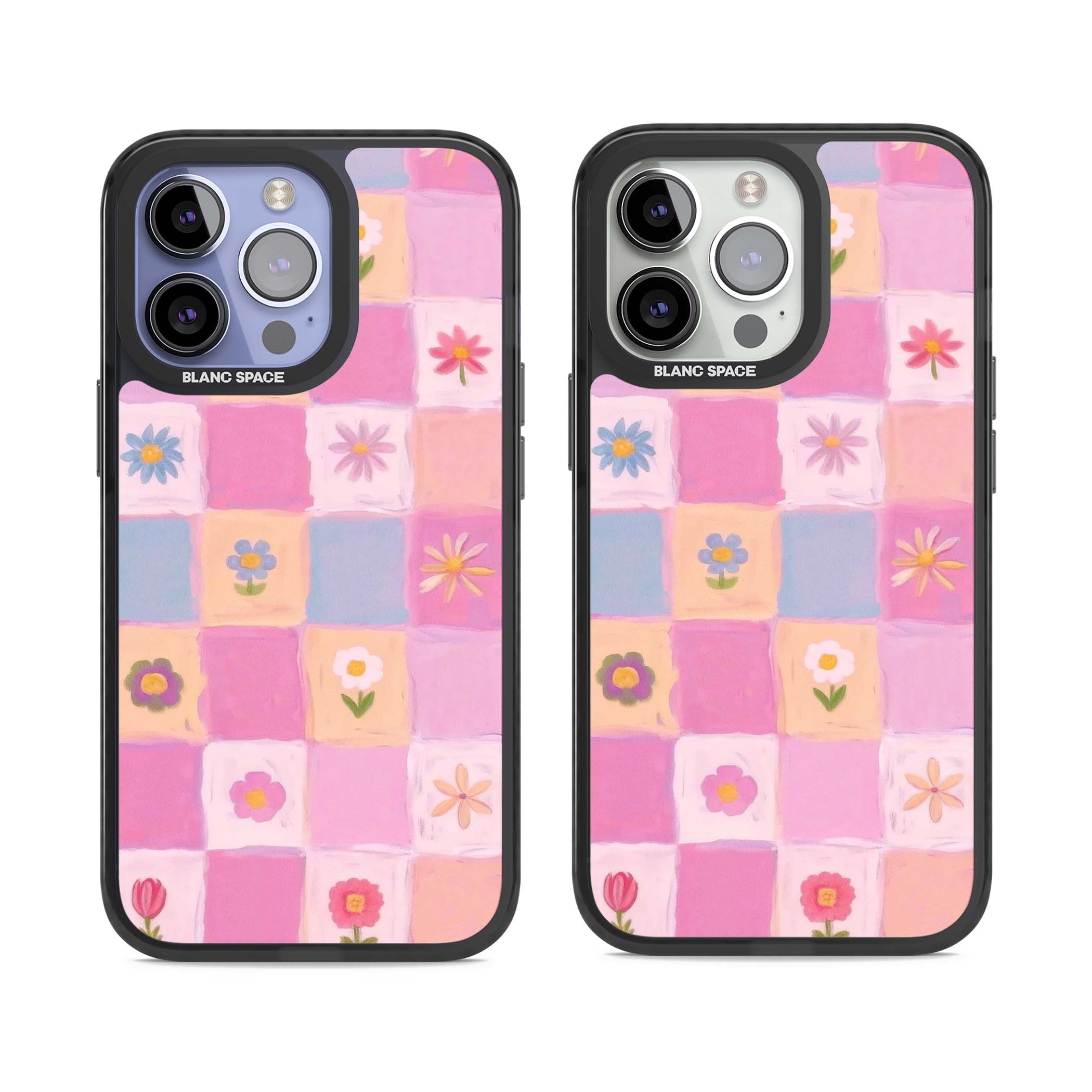 Pastel Flower Patchwork cottagecore iPhone case featuring painted pink and lilac squares with daisies and wildflowers | Black Impact case for iPhone 13 Pro, iPhone 14 Pro, iPhone 15 Pro